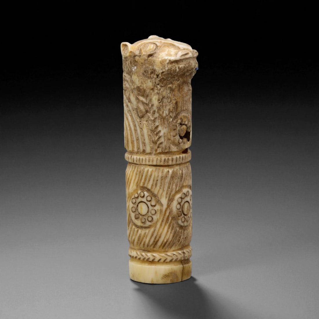 Ancient Coptic Egyptian Feline Finial, Bone, c. 6th-8th Century CE, 8.2cm: This intricately carved Coptic Egyptian finial, dates to approximately the 6th-8th century CE, during the early Christian period of Egypt when Coptic artisans merged ancient Egyptian symbolism with ne
