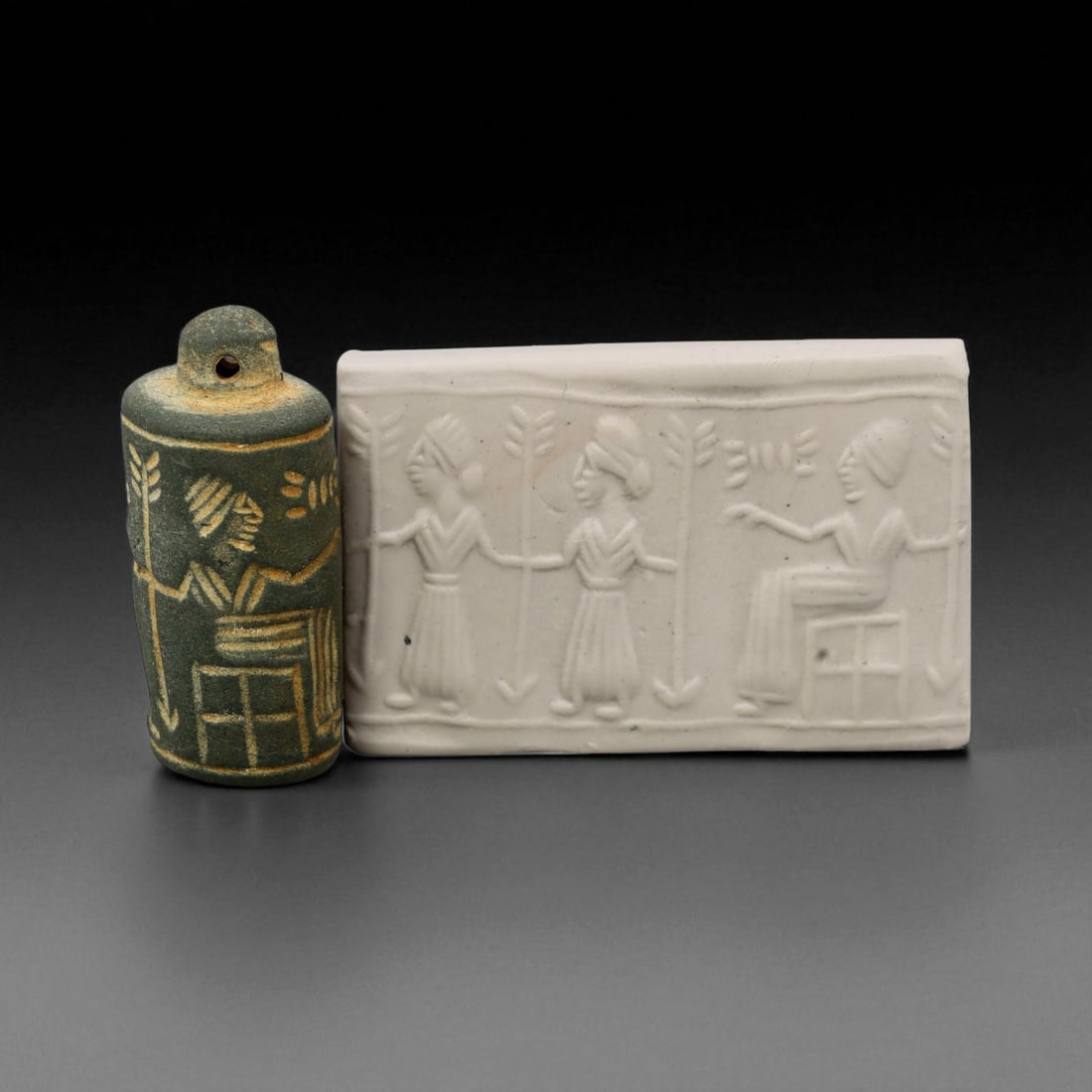 Ancient Mesopotamian Administrative Cylinder Seal, c. 2nd-1st Millennium BCE, 4.5cm: This authentic cylinder seal from ancient Mesopotamia dates to the 2nd to 1st millennium BCE, a time when the art of carving miniature narratives on stone reached remarkable levels of refinement. Seal