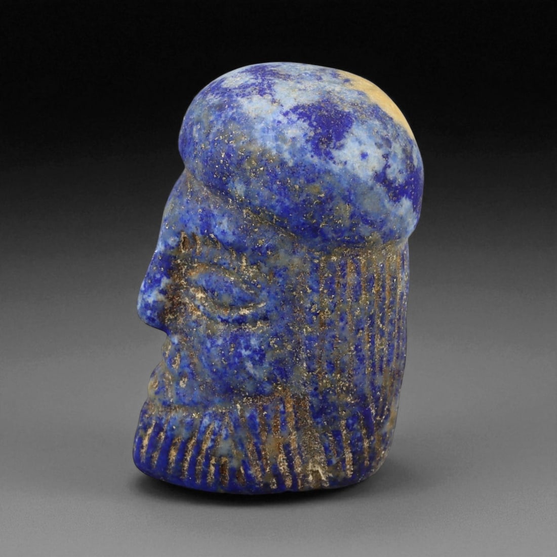 Ancient Bactrian Lapis Lazuli Bearded Votive Head, c. 2nd-1st Millennium BCE, H 3.5cm (1 of 4)