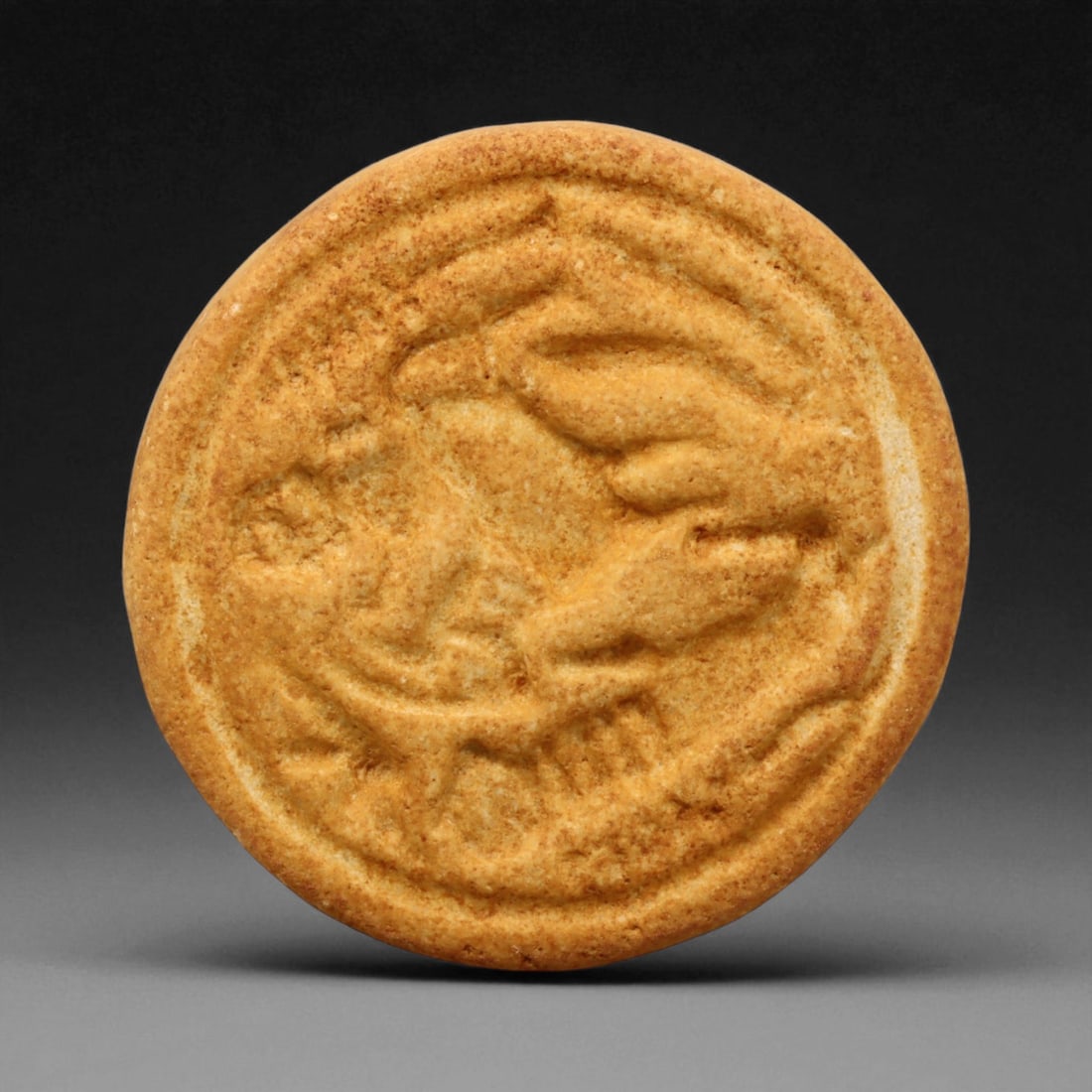 Ancient Sassanian Rider Motif Steatite Stamp Seal, c. 3rd-6th Century CE, Dia 6cm: This finely carved circular stamp seal dates to the Sassanian Empire, circa 3rd-6th century CE, a period renowned for its artistic refinement and sophisticated administrative culture. Fashioned from s
