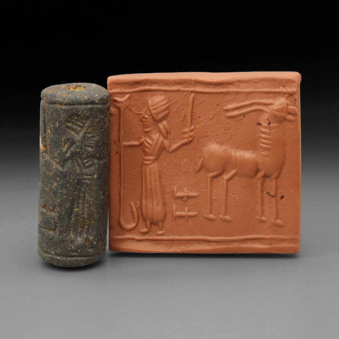 Ancient Mesopotamian Administrative Cylinder Seal, c. 2nd-1st Millennium BCE, 3.6cm: This authentic cylinder seal from ancient Mesopotamia dates to the 2nd to 1st millennium BCE, a time when the art of carving miniature narratives on stone reached remarkable levels of refinement. Seal