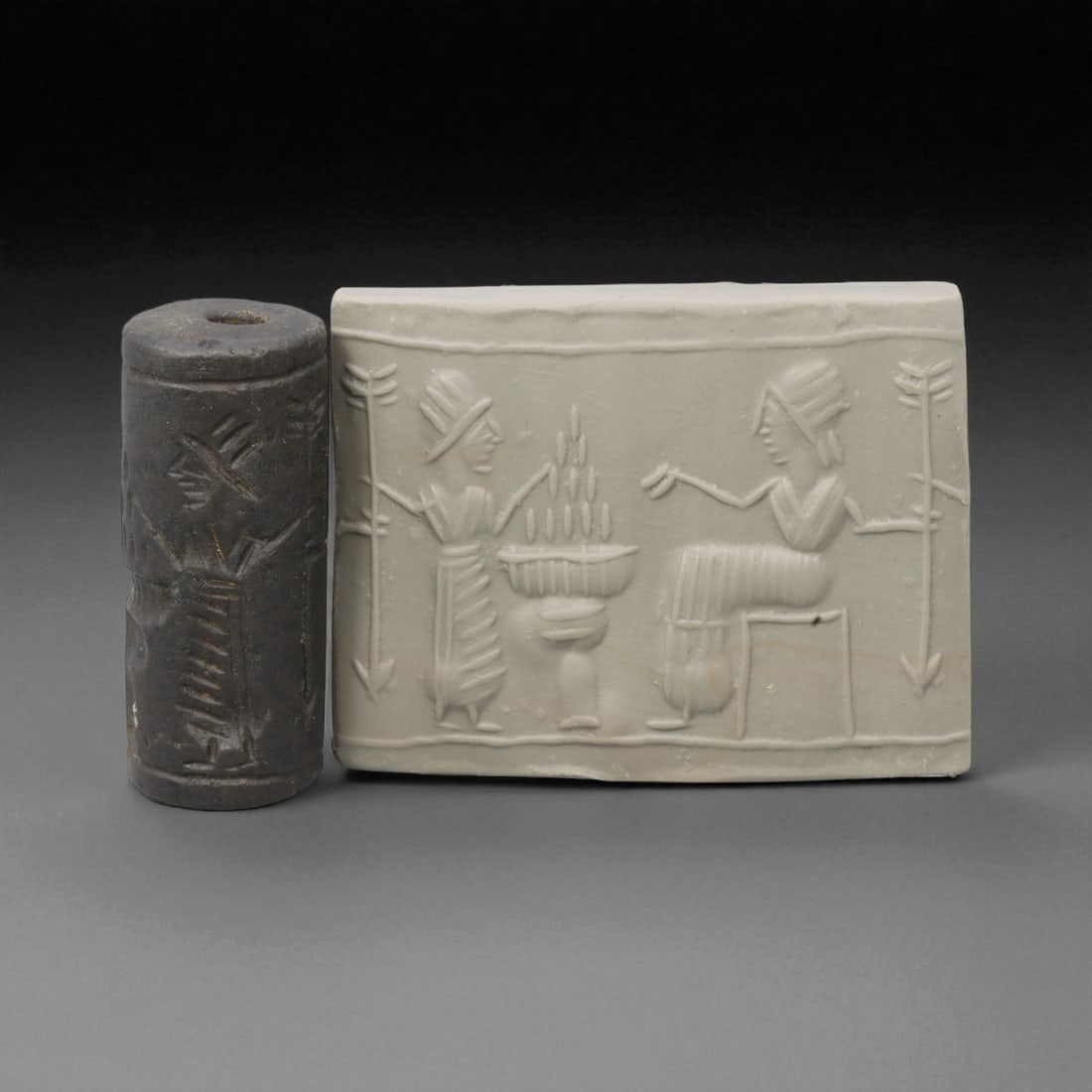 Ancient Mesopotamian Administrative Cylinder Seal, c. 2nd-1st Millennium BCE, 3.8cm: This authentic cylinder seal from ancient Mesopotamia dates to the 2nd to 1st millennium BCE, a time when the art of carving miniature narratives on stone reached remarkable levels of refinement. Seal