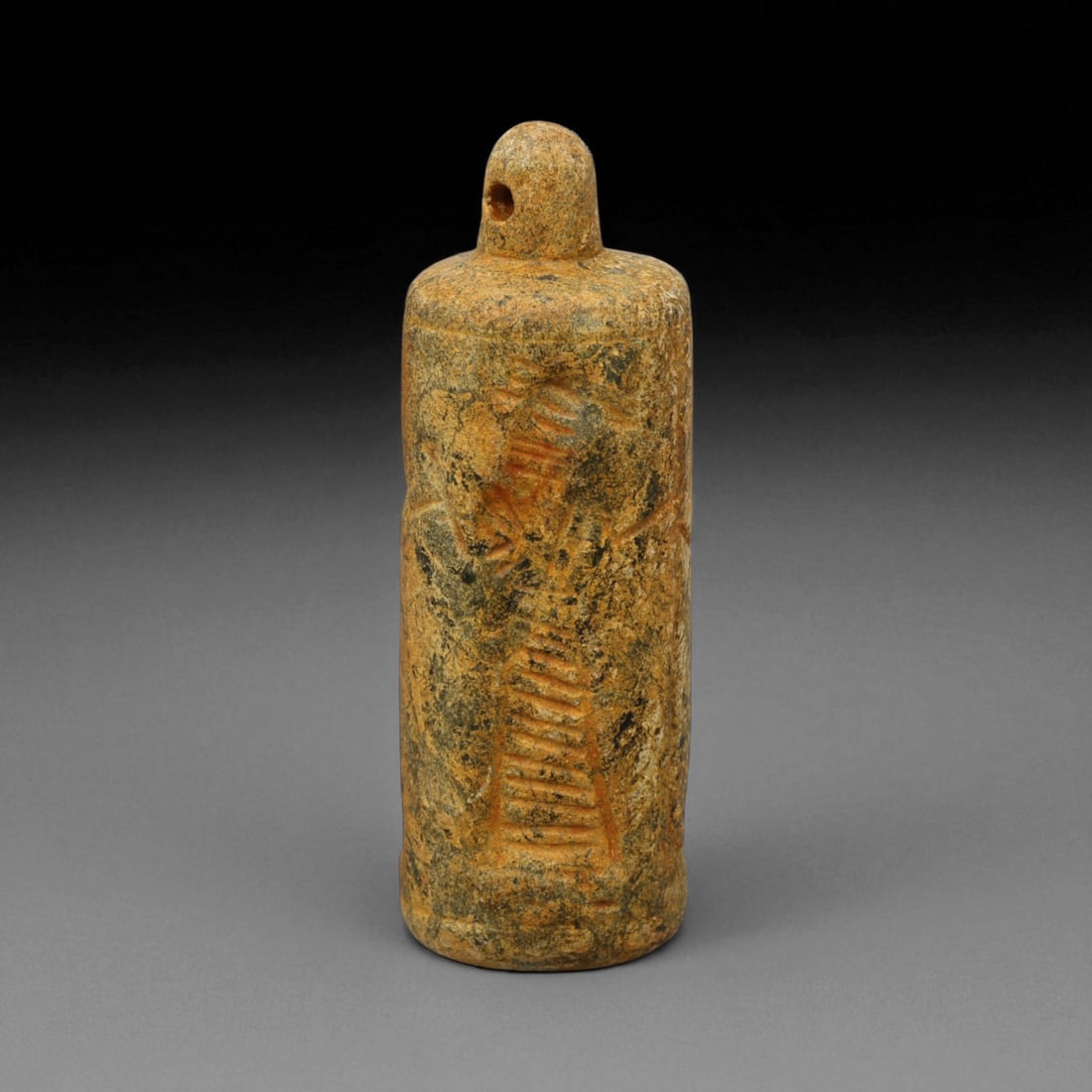 Ancient Mesopotamian Administrative Cylinder Seal, c. 2nd-1st Millennium BCE, 5.2cm: This authentic cylinder seal from ancient Mesopotamia dates to the 2nd to 1st millennium BCE, a time when the art of carving miniature narratives on stone reached remarkable levels of refinement. Seal