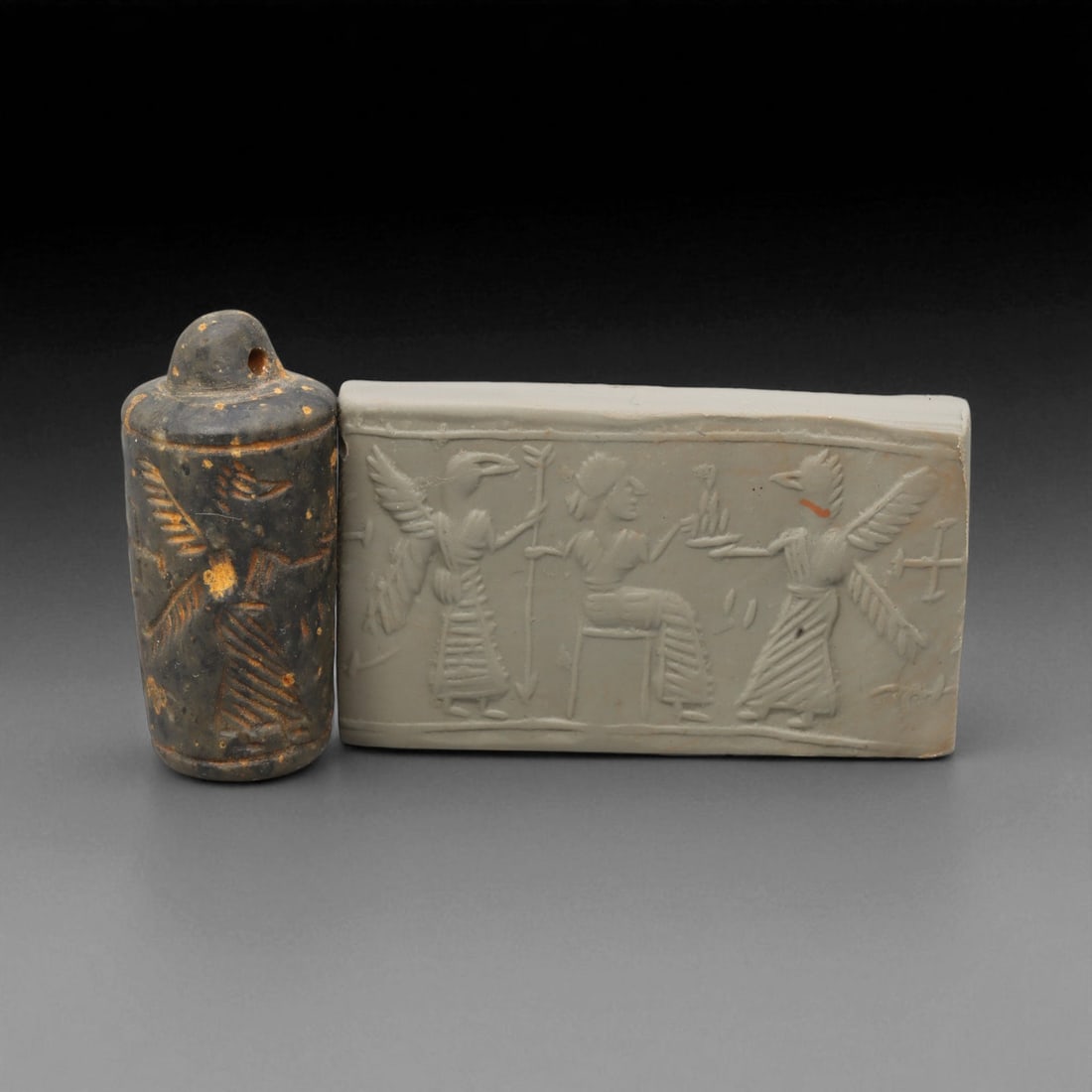 Ancient Mesopotamian Administrative Cylinder Seal, c. 2nd-1st Millennium BCE, 4.5cm: This authentic cylinder seal from ancient Mesopotamia dates to the 2nd to 1st millennium BCE, a time when the art of carving miniature narratives on stone reached remarkable levels of refinement. Seal