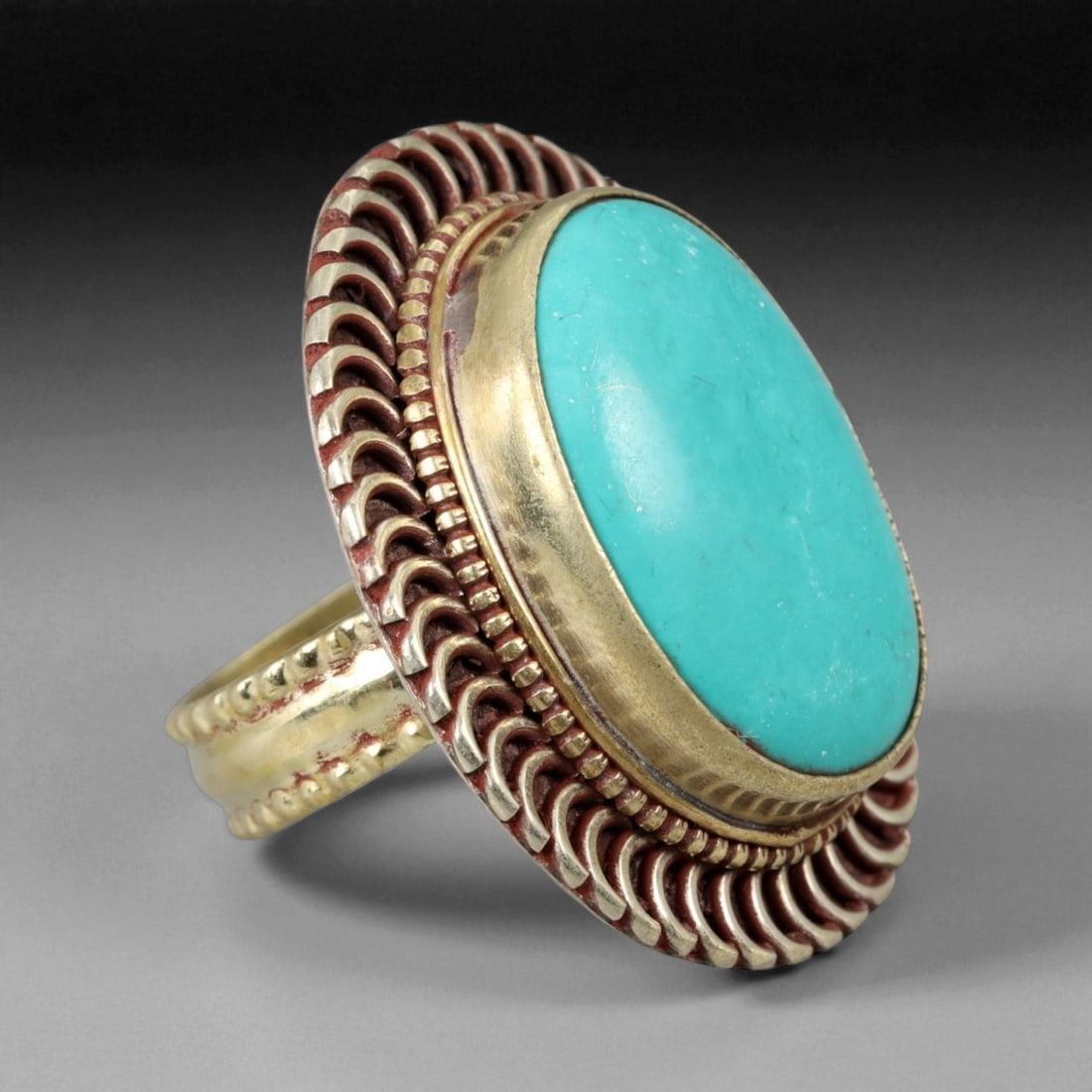 Vintage Himalayan Turquoise Gilt Bronze Oversize Ring, 20th Century, US 10.5 (1 of 3)