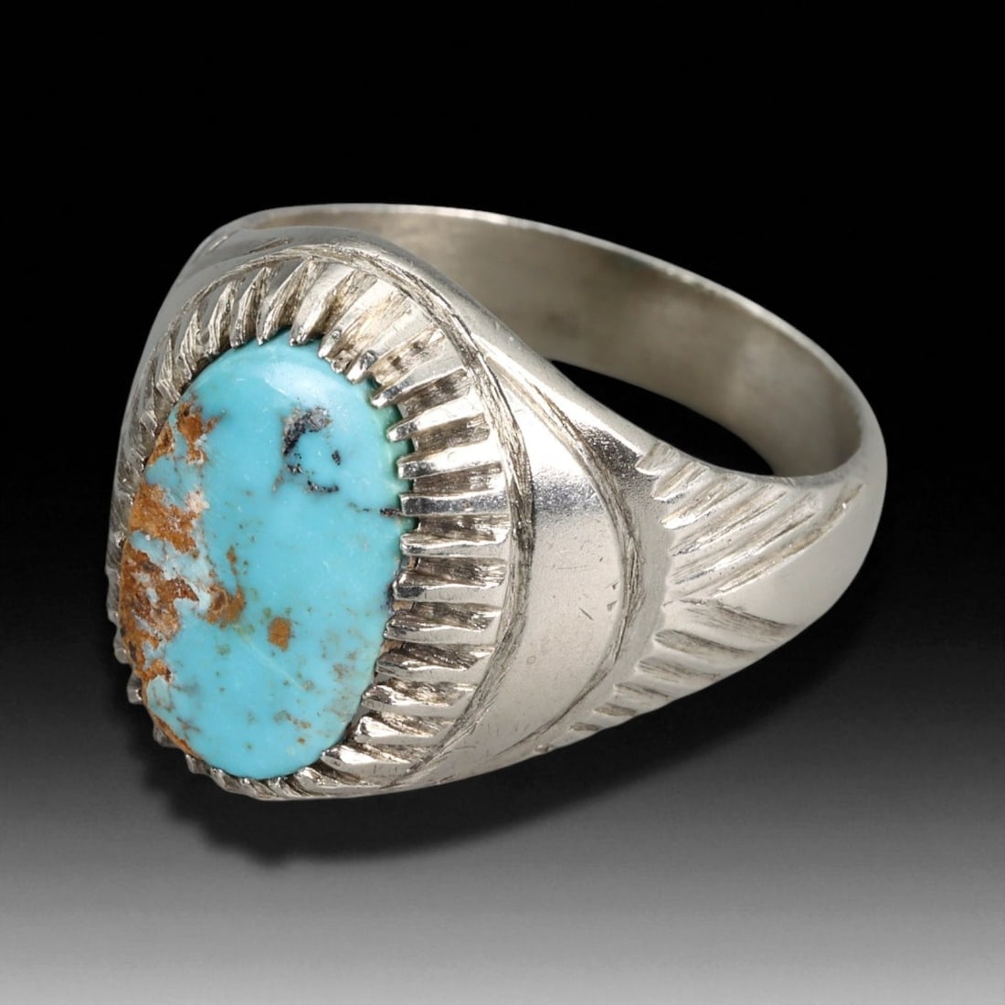 Antique Central Asian Silver Ring with Turquoise Cabochon, c. 20th Century, US 9.75 (1 of 3)