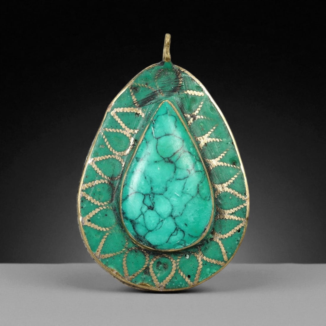 Vintage Himalayan Tribal Turquoise Brass Teardrop Pendant, 20th Century, 5.5cm (1 of 2)