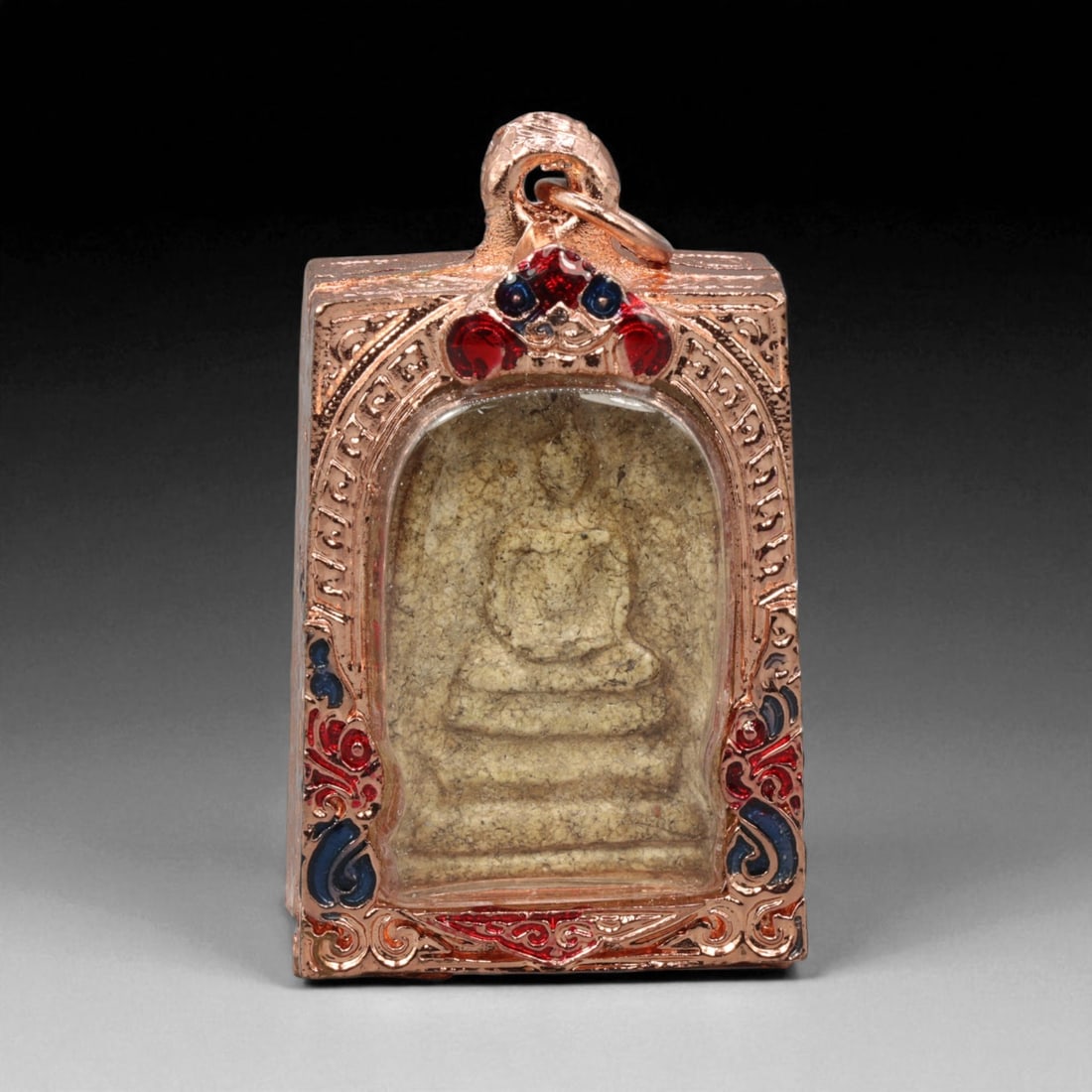 Thai Temple Style Gilt Buddhist Amulet in Ornate Gold-Tone Frame, 5.5cm: This beautifully crafted gilt Buddhist amulet is enclosed within an intricately designed gold-tone frame, combining sacred symbolism with refined artistry. The detailed relief and lustrous finish refl
