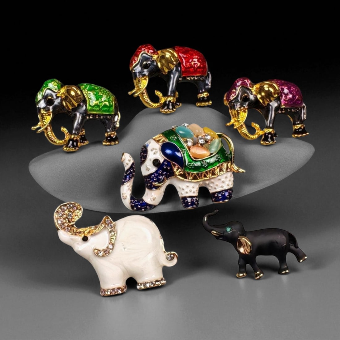Set of Six Miniature Elephant Brooches - Enamel and Rhinestone Collection (1 of 2)