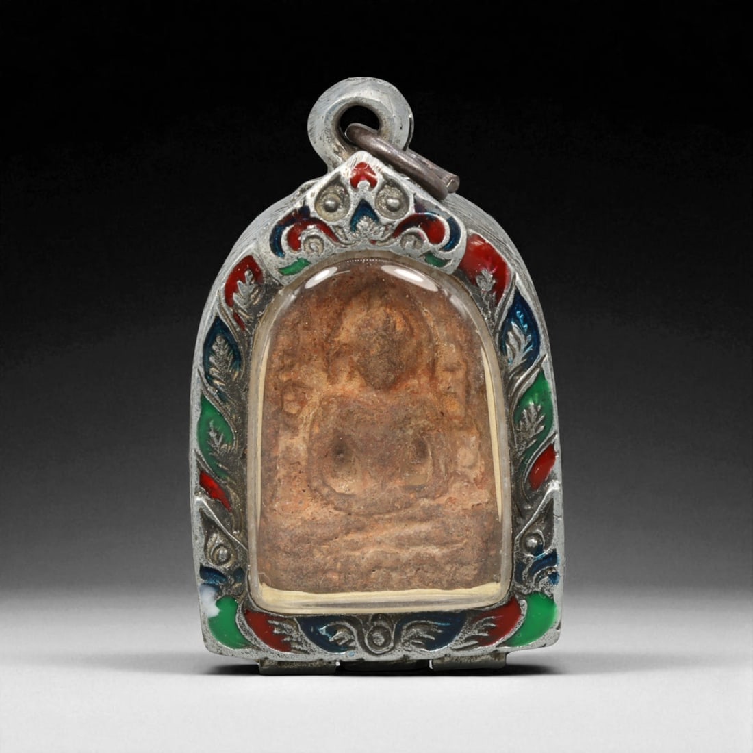 Vintage Thai Buddhist Amulet in Ornate Framed Setting, 20th Century , 4.5cm: This vintage Thai Buddhist amulet exemplifies the devotional artistry that continues to define Thailand's sacred craftsmanship. Encased within an intricately detailed frame, the amulet displays refine