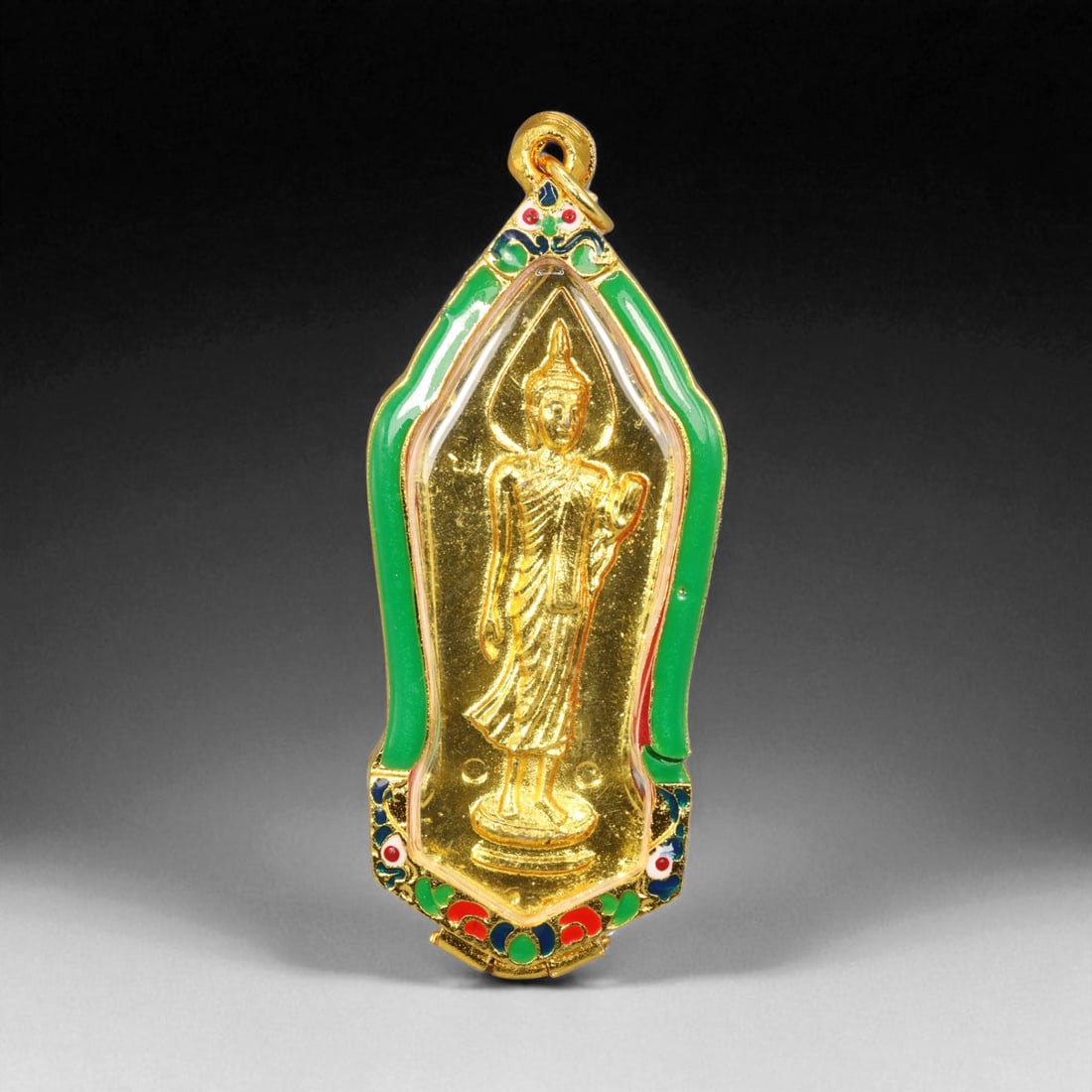 Thai Temple Gilt Buddhist Amulet in Ornate Gold-Tone Frame, 9cm: This beautifully crafted gilt Buddhist amulet is enclosed within an intricately designed gold-tone frame, combining sacred symbolism with refined artistry. The detailed relief and lustrous finish refl