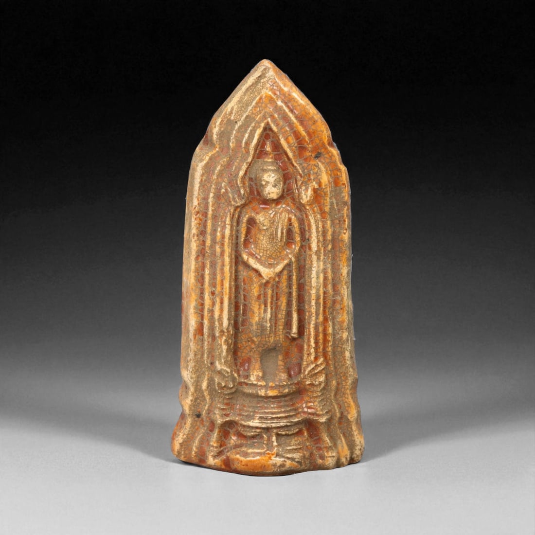 Vintage Thai Standing Buddha Arch-Form Clay Amulet, Mid 20th Century, 31g (1 of 2)