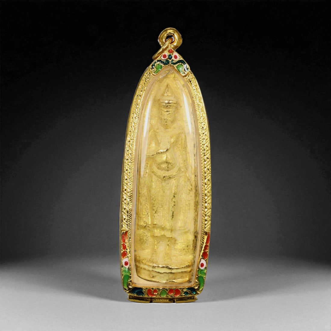 Thai Temple Gilt Buddhist Amulet in Ornate Gold-Tone Frame, 9cm: This beautifully crafted gilt Buddhist amulet is enclosed within an intricately designed gold-tone frame, combining sacred symbolism with refined artistry. The detailed relief and lustrous finish refl