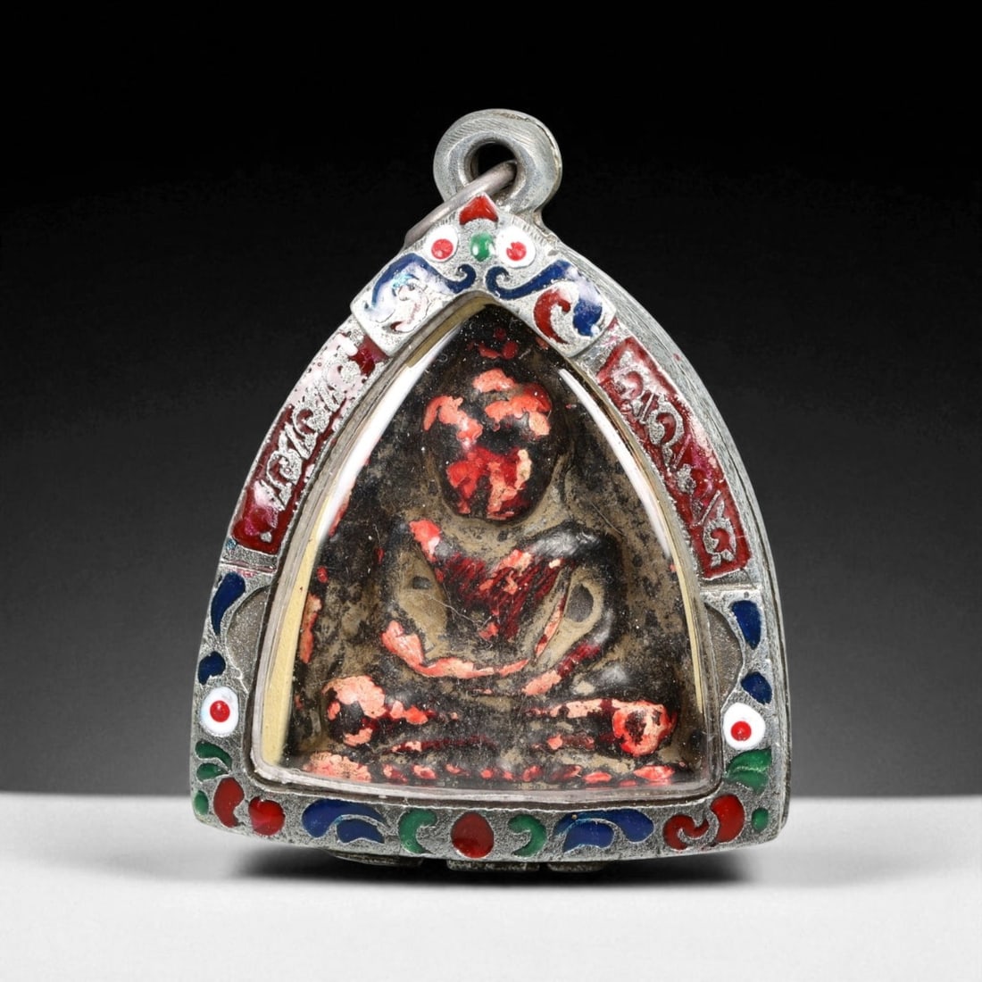 Vintage Thai Lacquered Clay Buddha Amulet in Enamel Shrine Frame, c. Mid-20th Century, 43g (1 of 2)