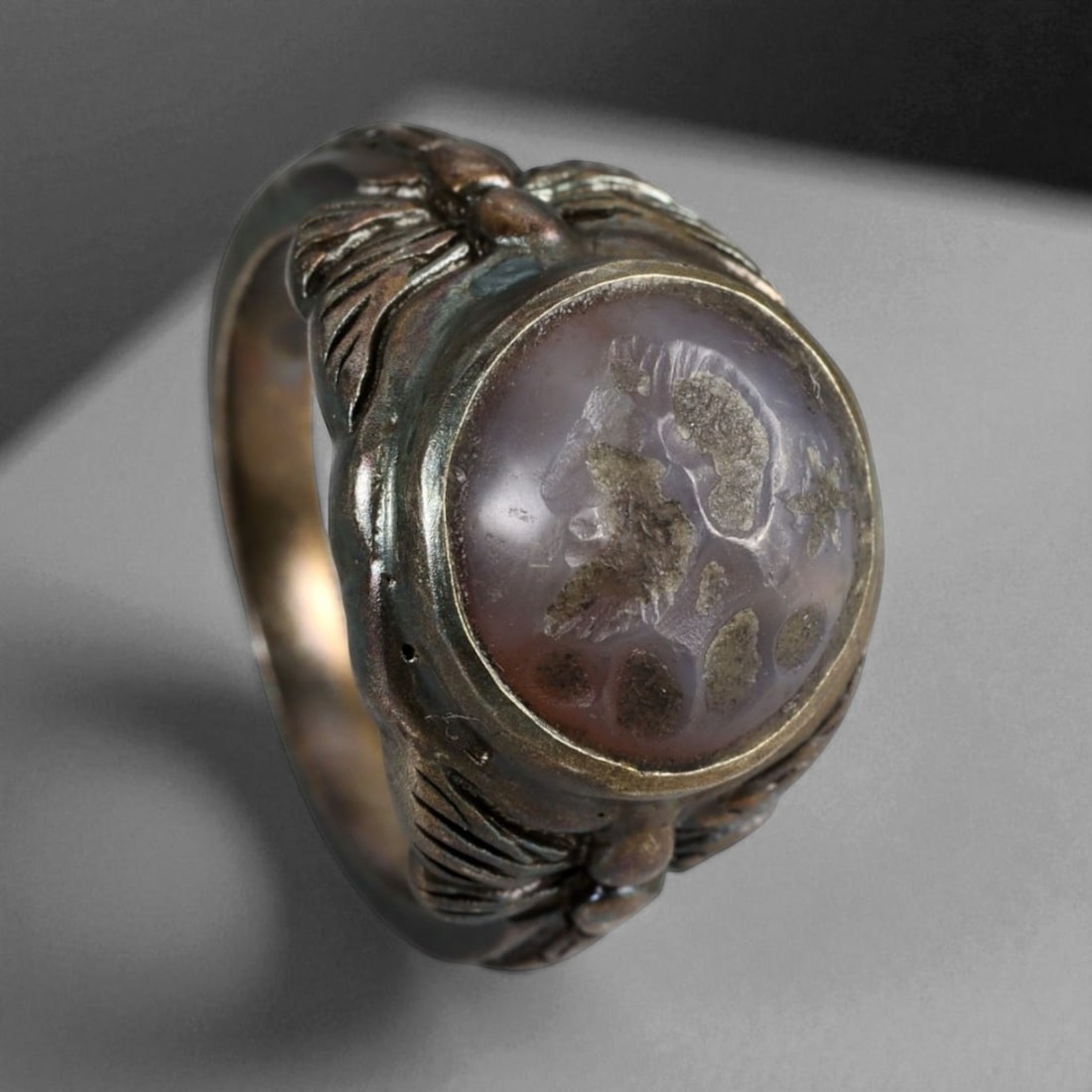 Antique Eastern European Floral Cabochon Silver Ring, Post-Medieval Folk Style, 8g (1 of 3)
