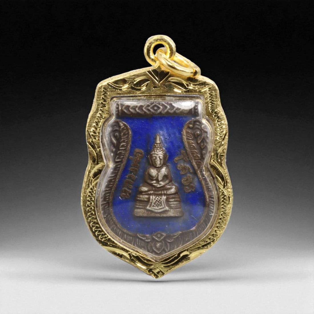 Vintage Thai Blue Enamel Buddha Amulet in Gilt Shield Frame, c. Late 20th Century, 10g (1 of 2)