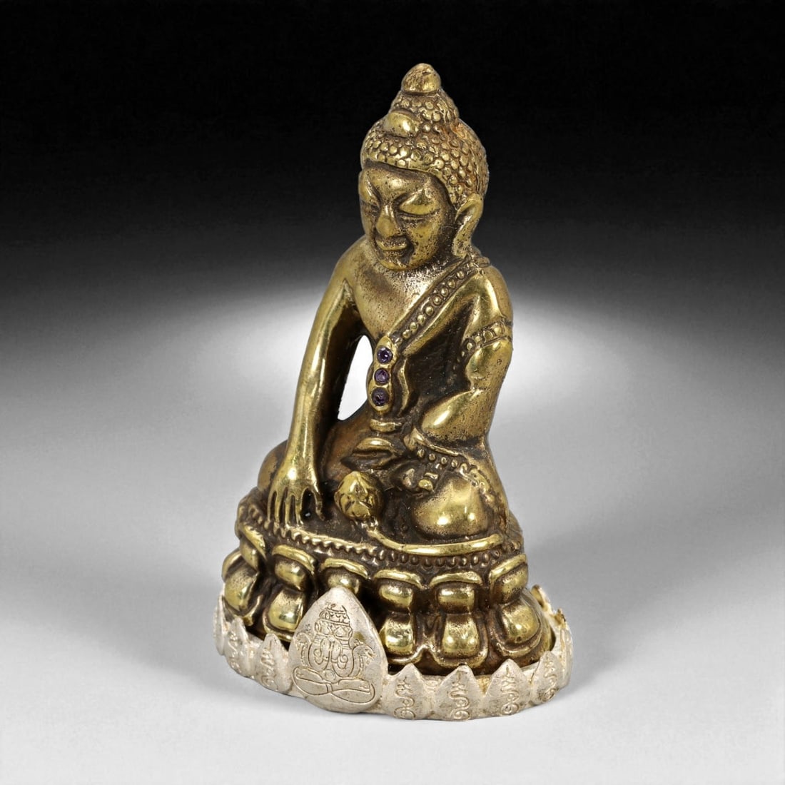 Vintage Thai Gilded Bronze Seated Buddha on Lotus Throne Amulet, c. 20th Century 5.5cm: This beautifully crafted vintage Thai amulet depicts the Buddha seated in bhumisparsha mudra - the earth-touching gesture symbolizing his moment of enlightenment beneath the Bodhi tree. Cast in a warm