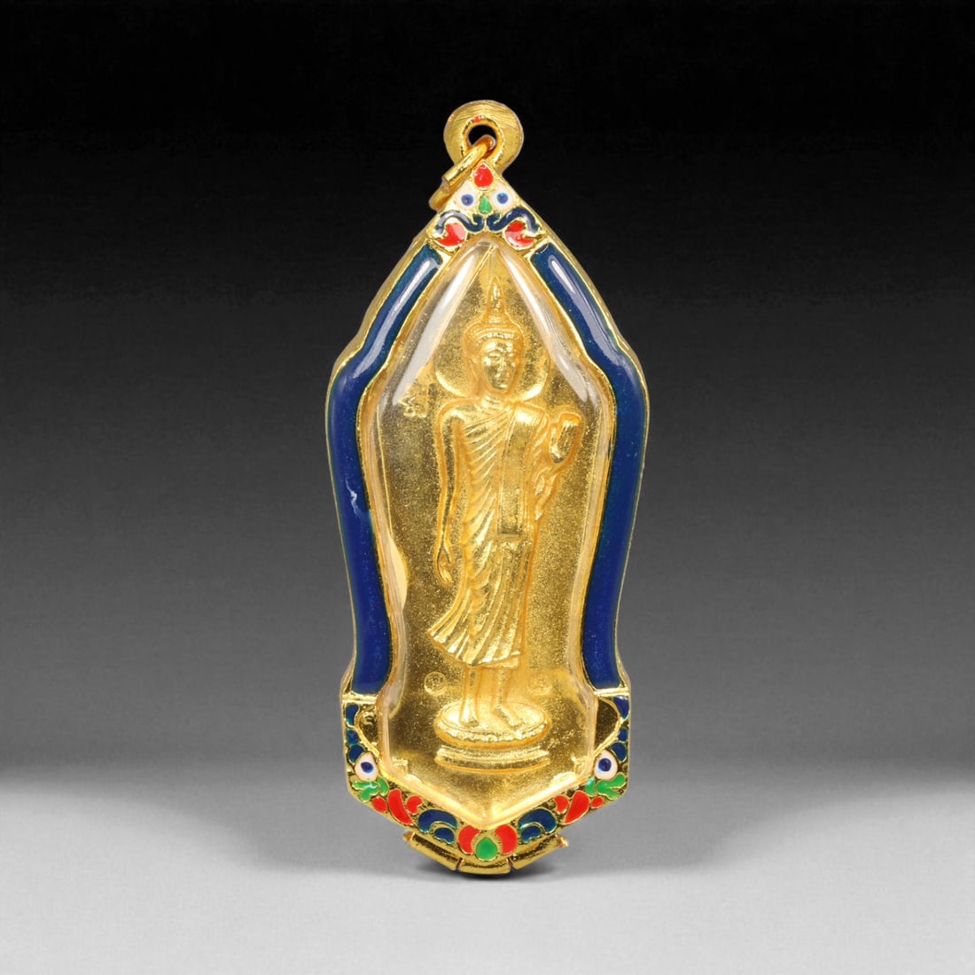 Thai Temple Gilt Buddhist Amulet in Ornate Gold-Tone Frame, 9cm: This beautifully crafted gilt Buddhist amulet is enclosed within an intricately designed gold-tone frame, combining sacred symbolism with refined artistry. The detailed relief and lustrous finish refl