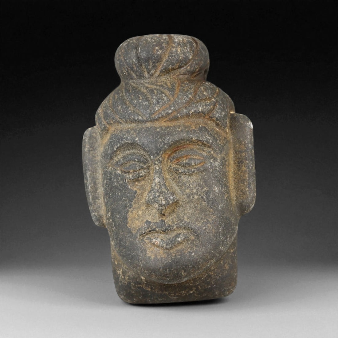 Ancient Gandharan Black Schist Buddha Head Amulet, c. 2nd-4th Century CE, 4.7cm (1 of 3)