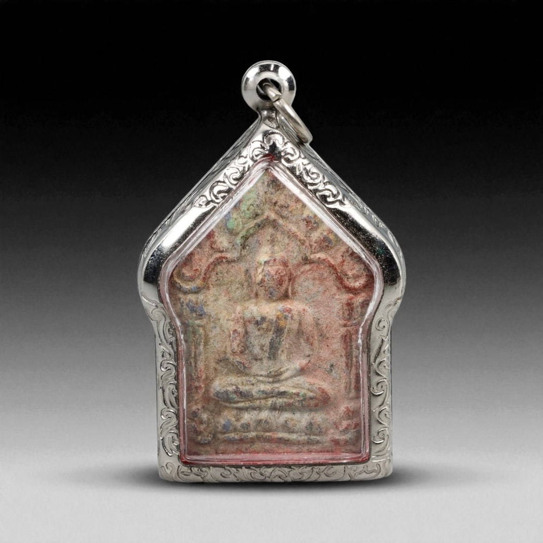 Antique Thai Multicolor Stucco Buddha Amulet Temple Frame Pendant, 19th-20th Century, 21g (1 of 2)