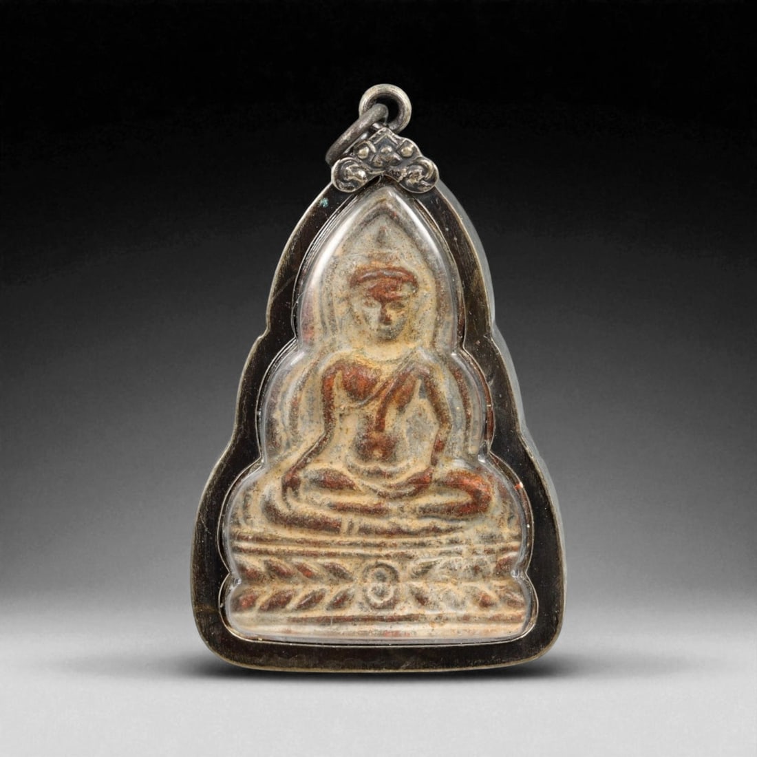 Vintage Thai Seated Buddha Terracotta Amulet in Lotus-Edge Silver Frame, c. Mid-20th Century, 22g (1 of 2)