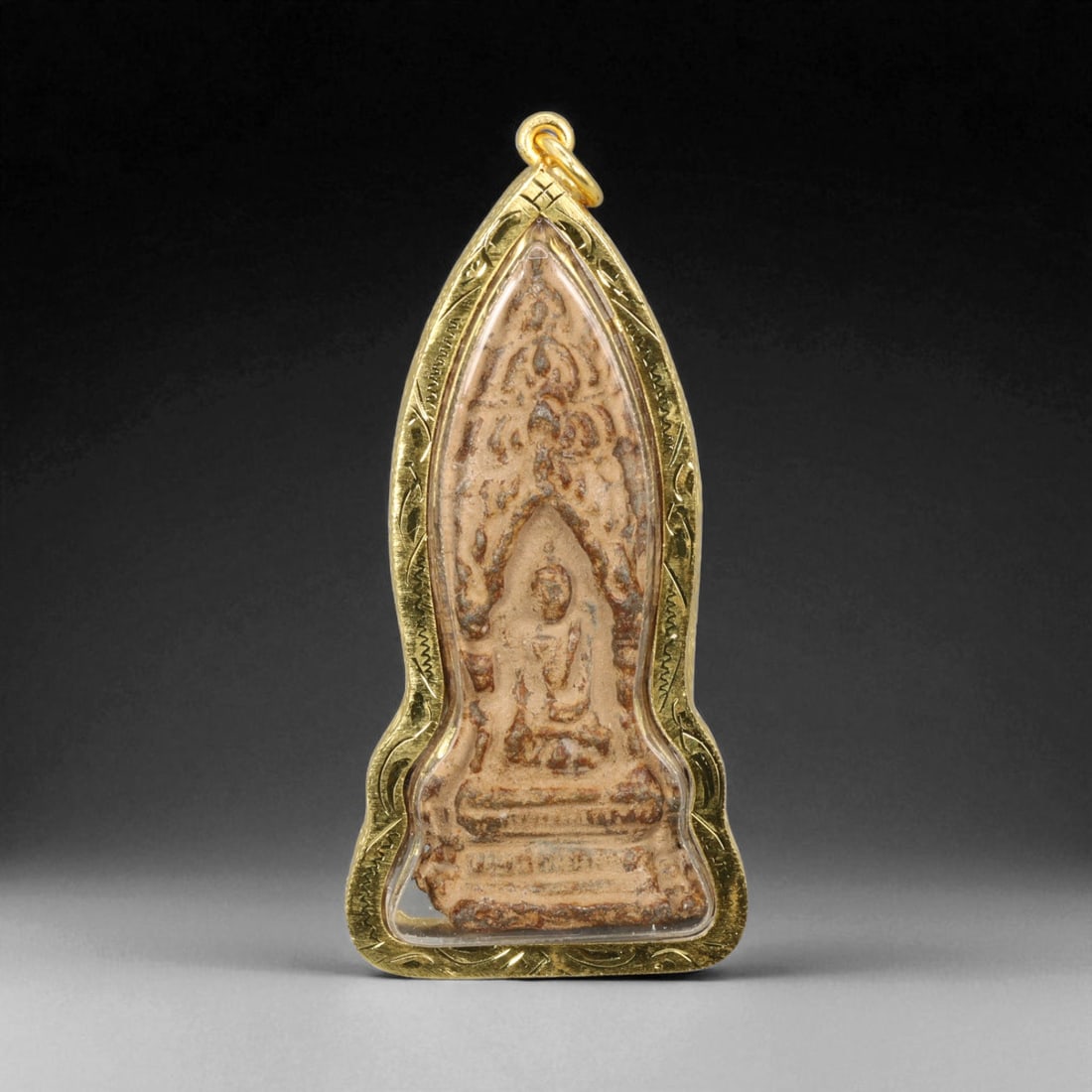 Thai Temple Gilt Buddhist Amulet in Ornate Gold-Tone Frame, 8cm: This beautifully crafted gilt Buddhist amulet is enclosed within an intricately designed gold-tone frame, combining sacred symbolism with refined artistry. The detailed relief and lustrous finish refl