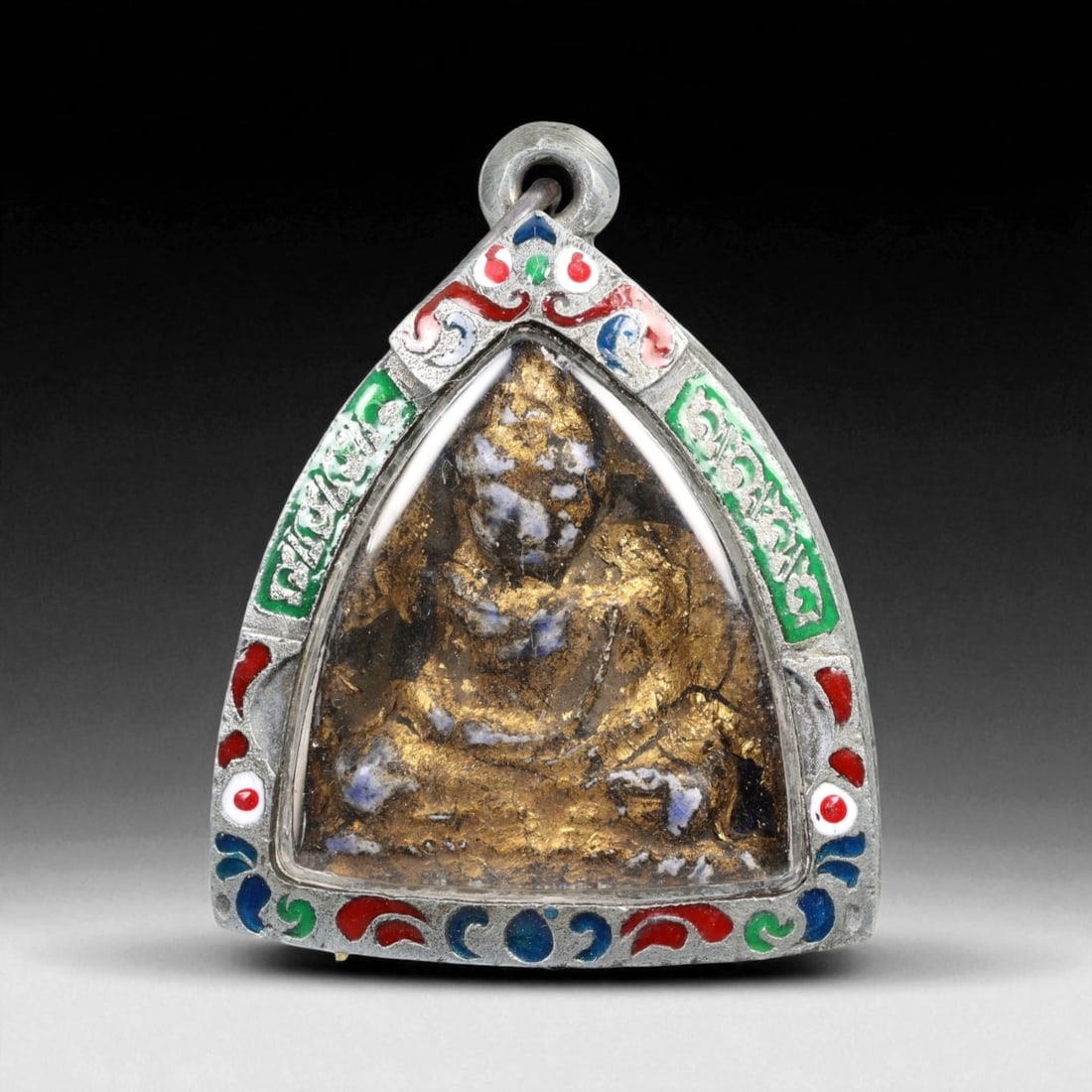 Vintage Thai Gilded Clay Buddha Amulet in Tri-Color Enamel Case, c. Mid-20th Century, 44g (1 of 2)