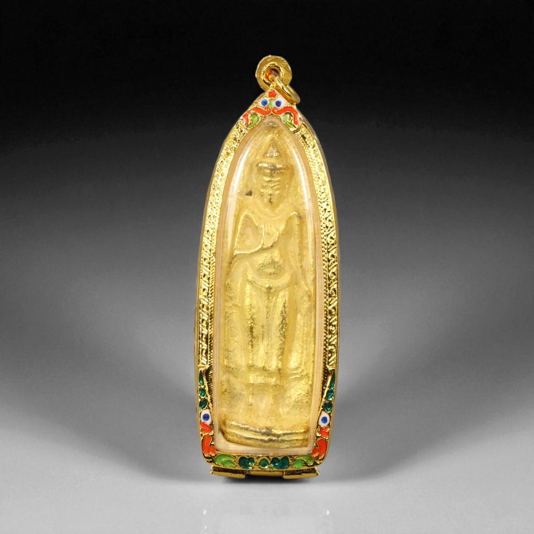 Thai Temple Gilt Buddhist Amulet in Ornate Gold-Tone Frame, 9cm: This beautifully crafted gilt Buddhist amulet is enclosed within an intricately designed gold-tone frame, combining sacred symbolism with refined artistry. The detailed relief and lustrous finish refl