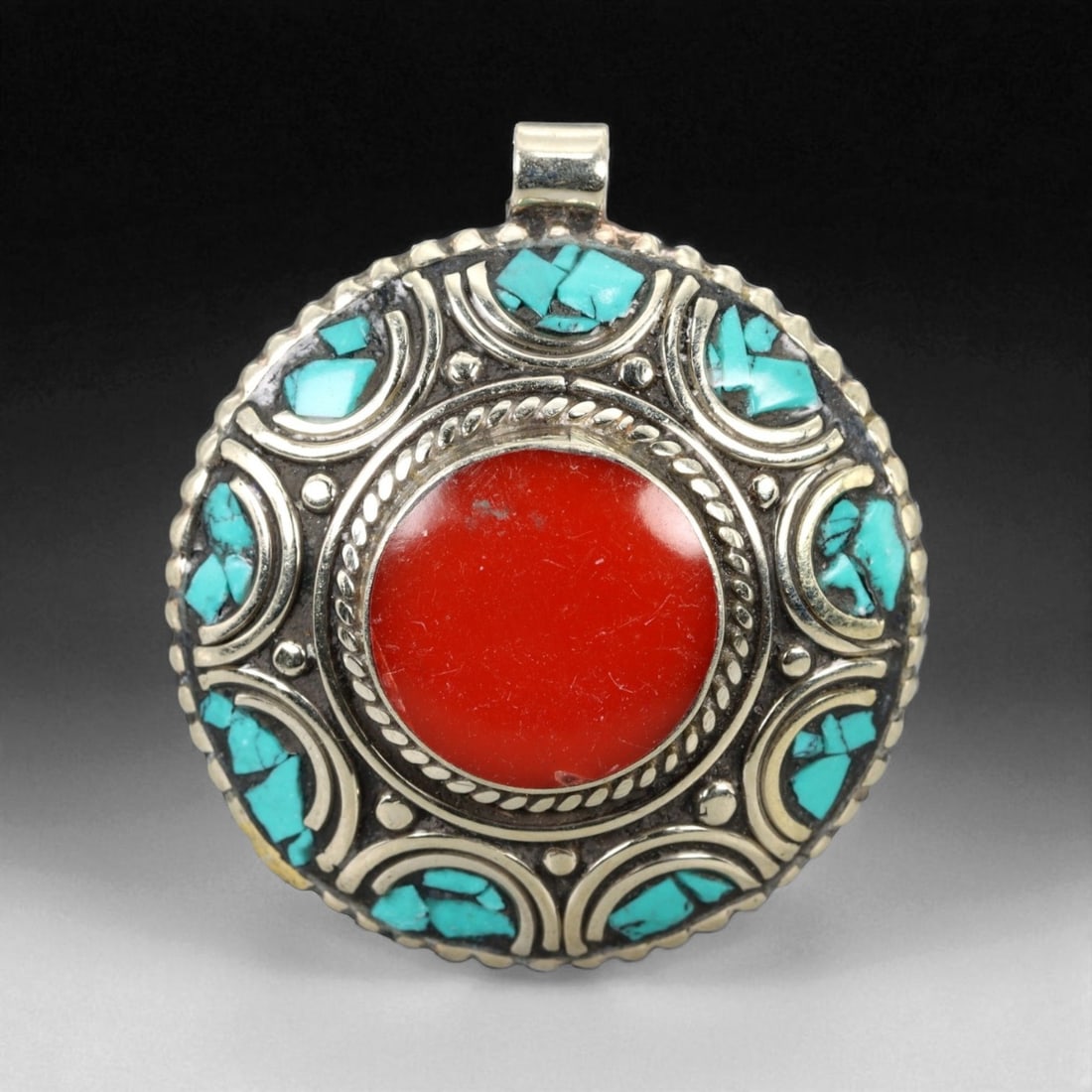 Tibetan Fire Medallion Pendant with Coral Turquoise Inlay, Silver Alloy, 22g (1 of 2)