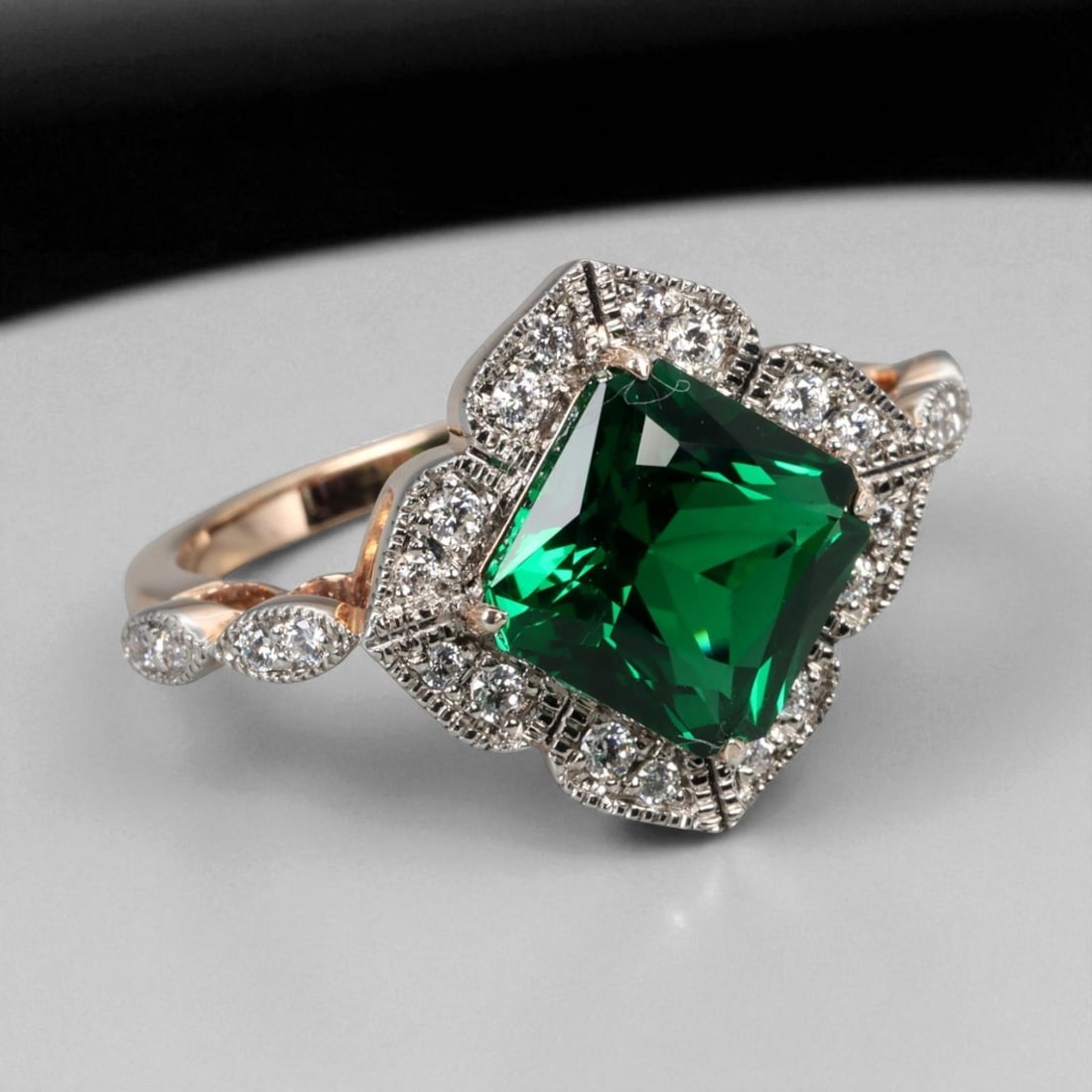 Emerald Pavilion Pattern 925 Silver Ring with Chatham Green Gemstone, 7.5 US (1 of 3)