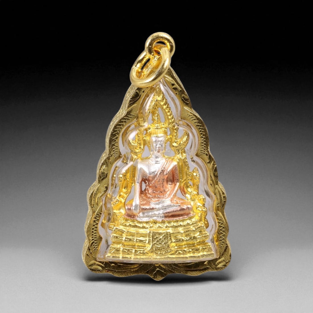 Thai Temple Style Gilt Buddhist Amulet in Ornate Gold-Tone Frame, 4.6cm: This beautifully crafted gilt Buddhist amulet is enclosed within an intricately designed gold-tone frame, combining sacred symbolism with refined artistry. The detailed relief and lustrous finish refl