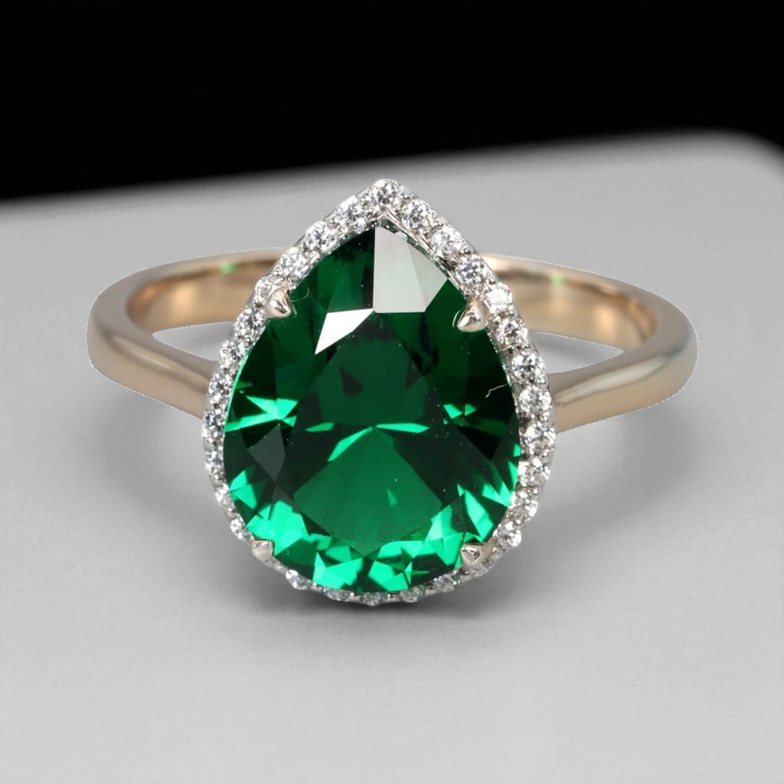 Emerald Teardrop Halo Pattern 925 Silver Ring with Chatham Green Gemstone, 7.75 US (1 of 3)