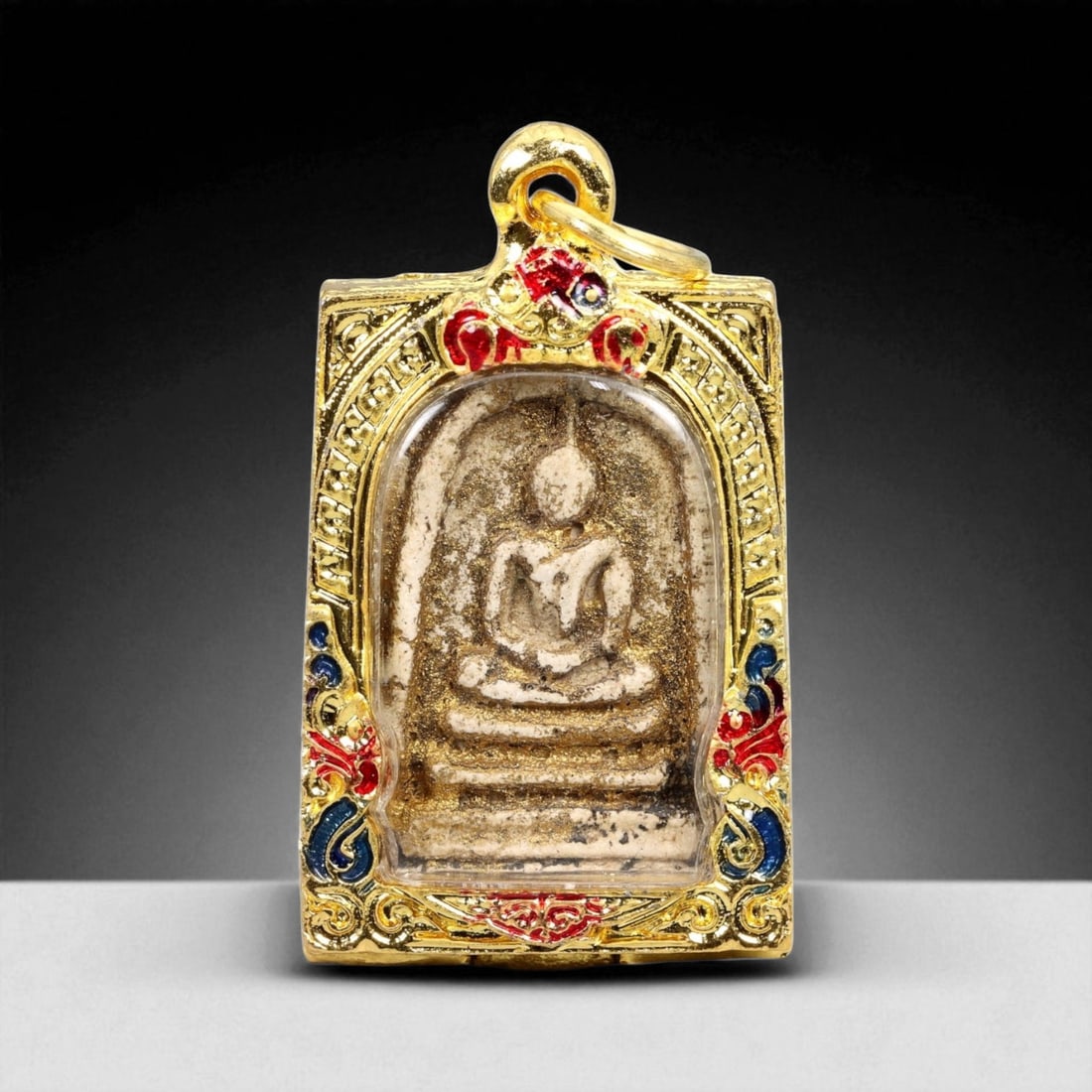 Antique Thai Somdej Buddha Gilt Clay Amulet in Floral Enamel Case, c. Mid-20th Century, 55g (1 of 2)