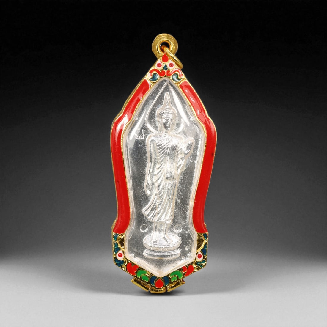 Thai Temple Gilt Buddhist Amulet in Ornate Gold-Tone Frame, 9cm: This beautifully crafted gilt Buddhist amulet is enclosed within an intricately designed gold-tone frame, combining sacred symbolism with refined artistry. The detailed relief and lustrous finish refl