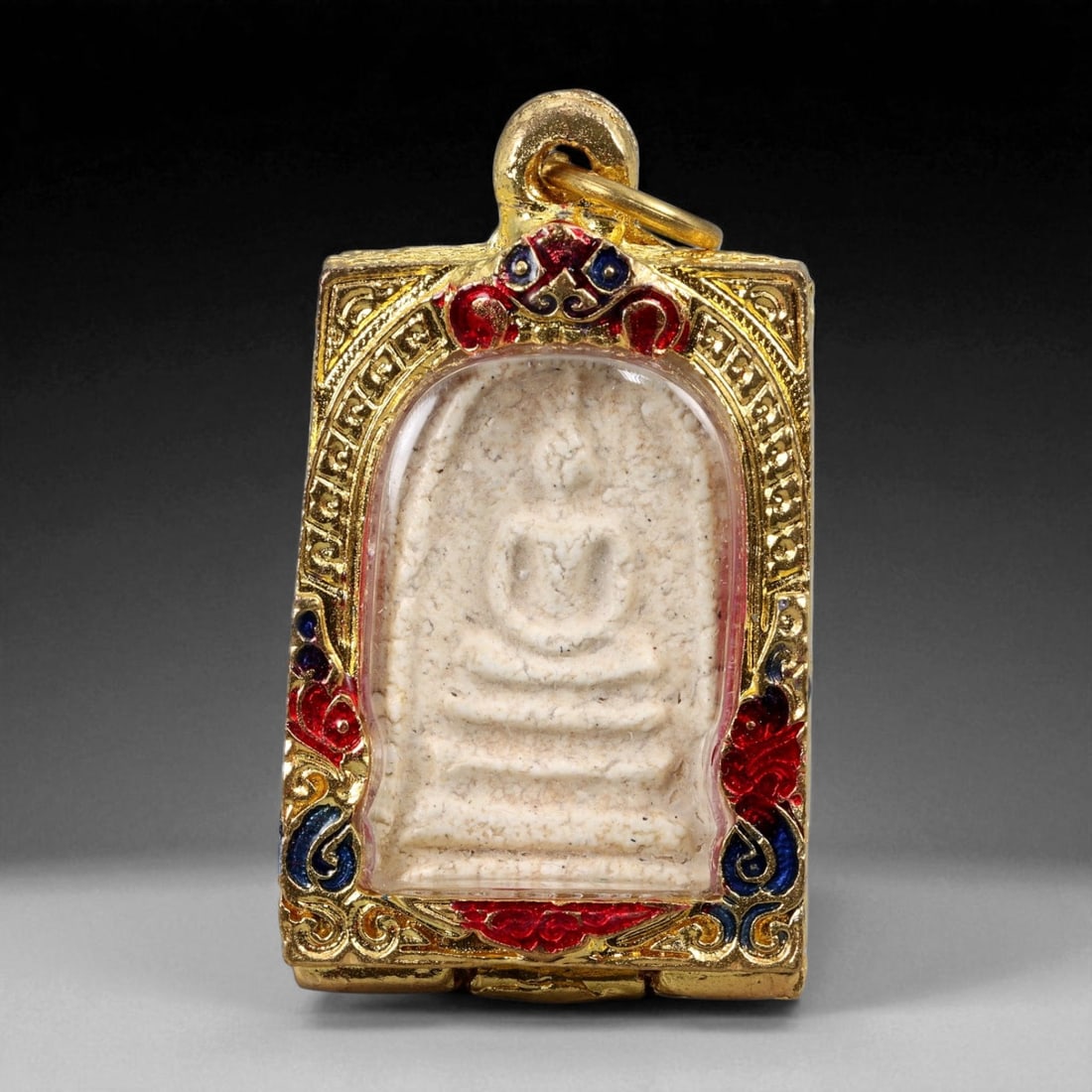Thai Temple Gilt Buddhist Amulet in Ornate Gold-Tone Frame, 6cm: This beautifully crafted gilt Buddhist amulet is enclosed within an intricately designed gold-tone frame, combining sacred symbolism with refined artistry. The detailed relief and lustrous finish refl