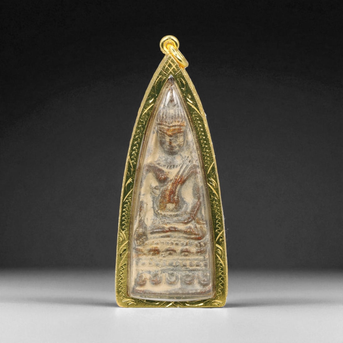 Thai Temple Gilt Buddhist Amulet in Ornate Gold-Tone Frame, 8cm: This beautifully crafted gilt Buddhist amulet is enclosed within an intricately designed gold-tone frame, combining sacred symbolism with refined artistry. The detailed relief and lustrous finish refl