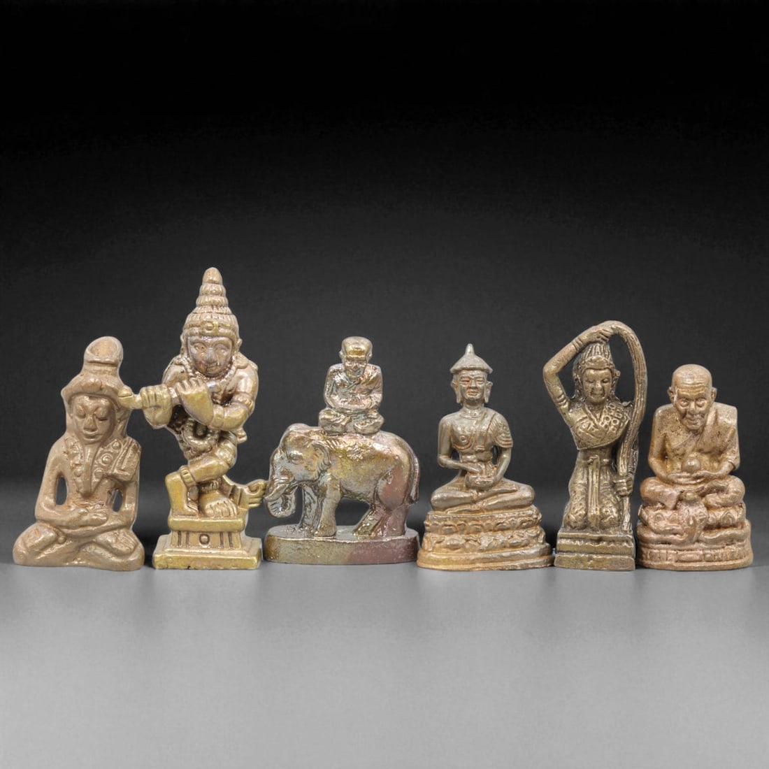 Vintage Thai Bronze Deity and Monk Amulet Collection, c. 20th Century (3-4 cm, 6 pcs) (1 of 2)