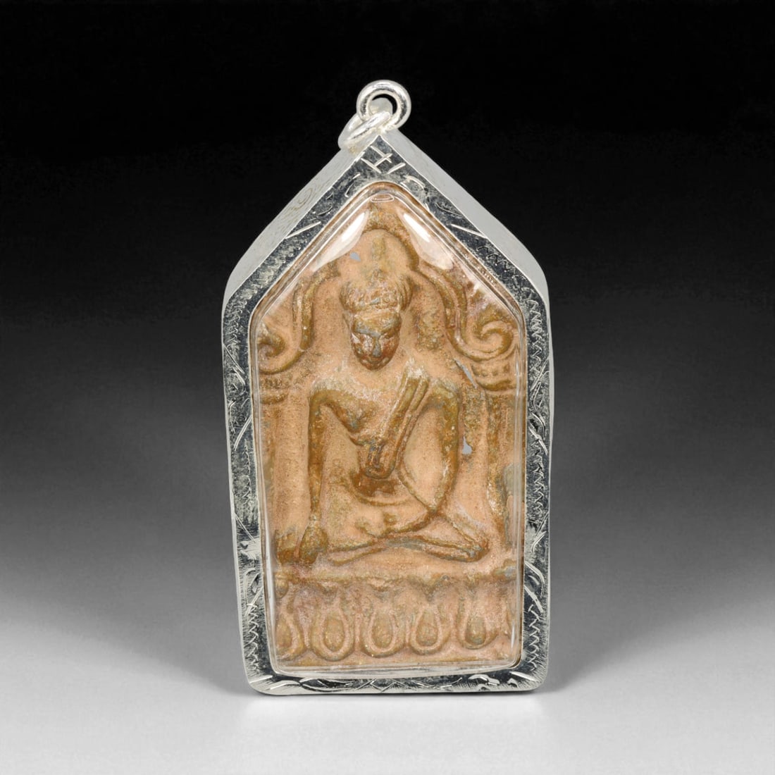 Vintage Thai Buddhist Amulet in Ornate Framed Setting, 20th Century, 7.5cm: This vintage Thai Buddhist amulet exemplifies the devotional artistry that continues to define Thailand's sacred craftsmanship. Encased within an intricately detailed frame, the amulet displays refine