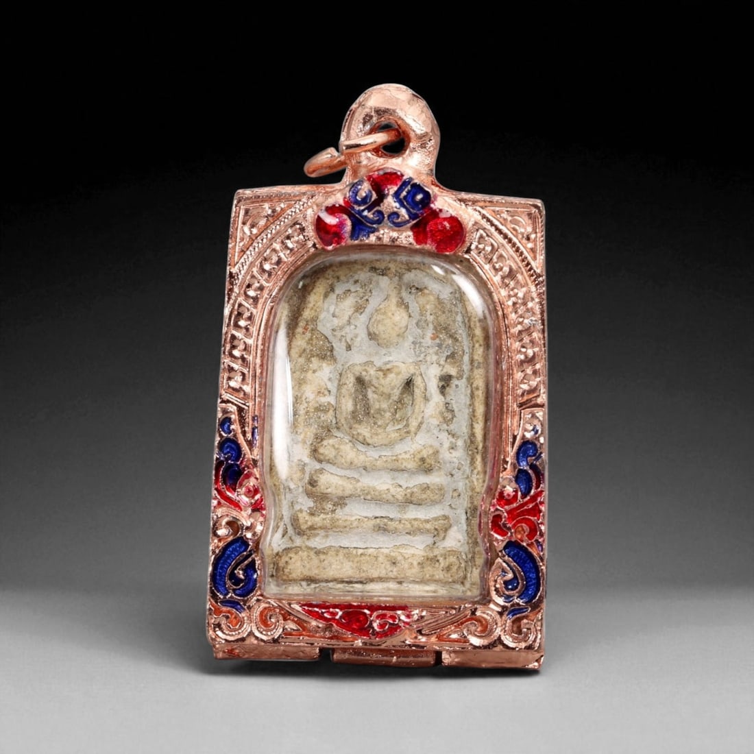 Antique Thai Rattanakosin Somdej Buddha Amulet in Rose-Tone Enamel Case, c. 19th-20th Century, 60g (1 of 2)