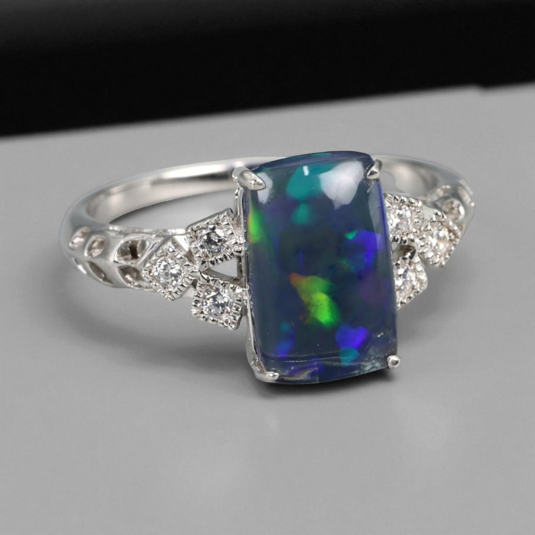 Natural Black Smoked Welo Opal Aurora Pattern 925 Silver Ring, 7.5 US (1 of 3)