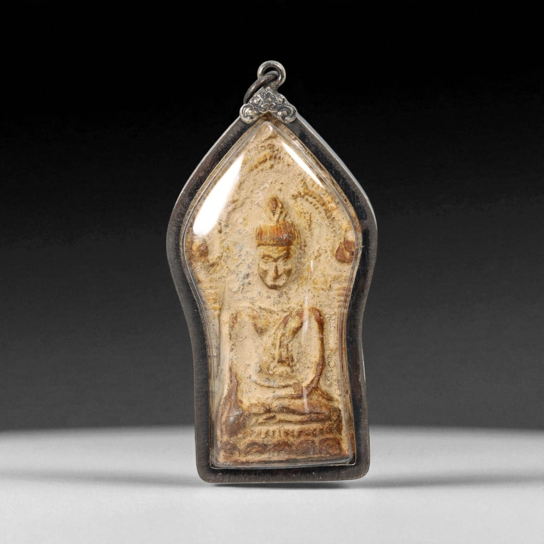 Antique Thai Seated Buddha Amulet in Temple-Crown Frame, c. Early 20th Century, 44g (1 of 2)