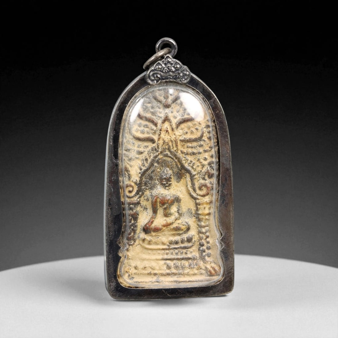 Vintage Thai Naga Protected Buddha Terracotta Amulet in Arched Silver Case, c. Mid-20th Century, 30g (1 of 2)
