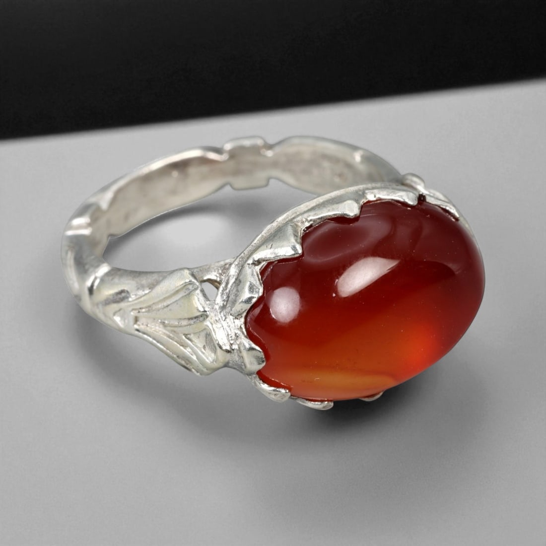 Antique Persian Carnelian Floral Motif Silver Ring, c. 19th-20th Century, US 11 (1 of 3)
