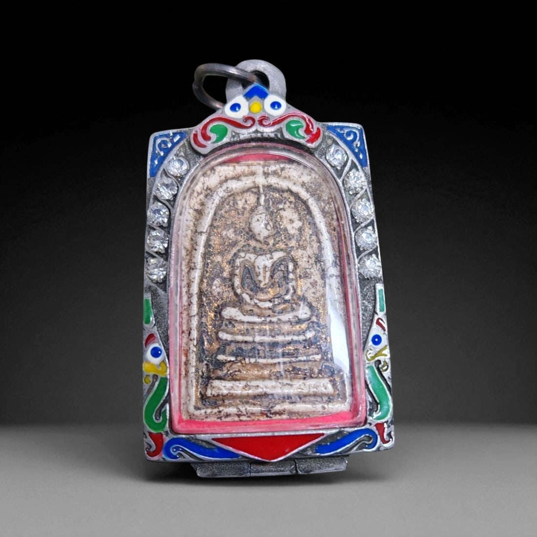 Antique Thai Rattanakosin Buddha Image Clay Amulet in Silver Enamel Case, c. 19th-20th Century, (1 of 2)