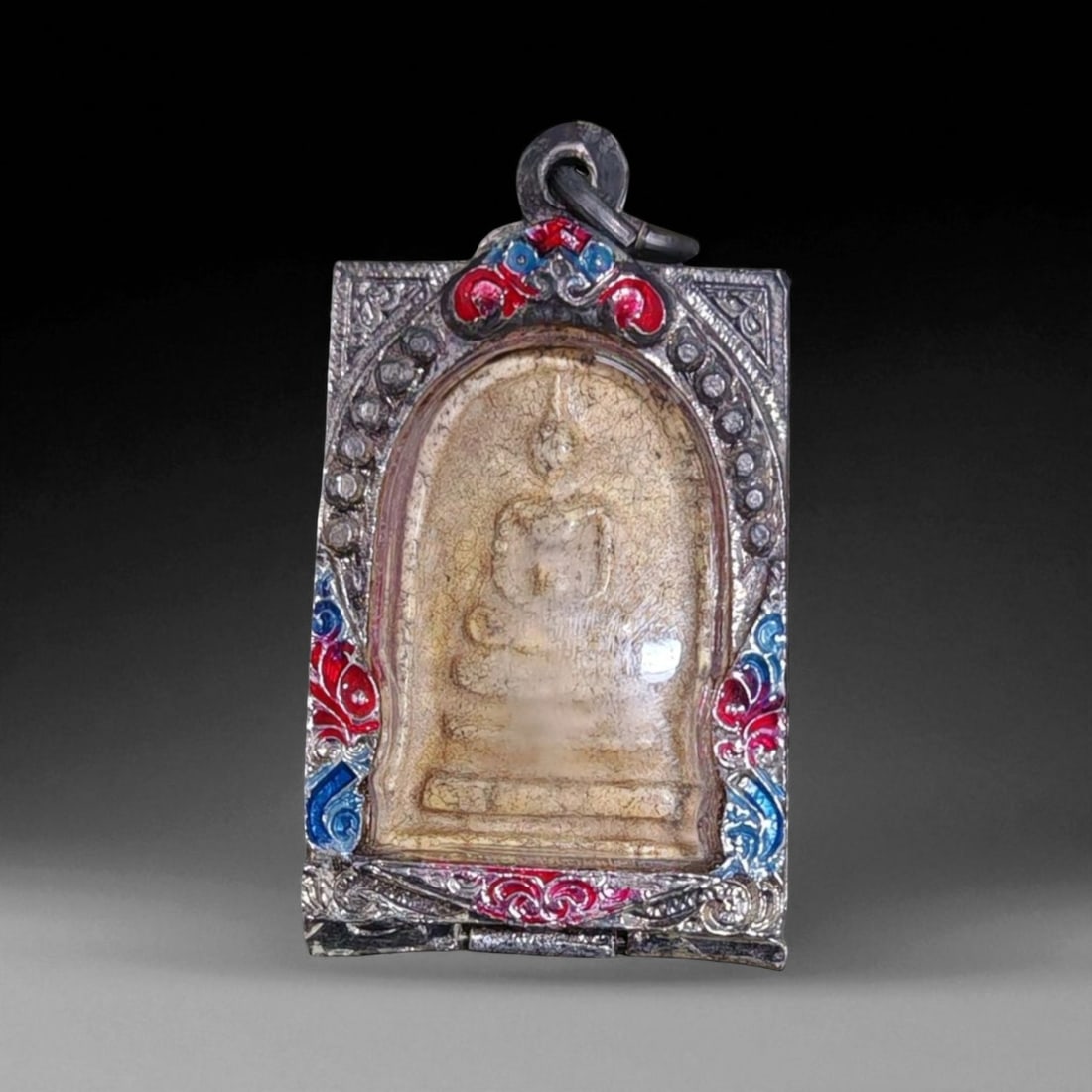 Antique Thai Rattanakosin Buddha Image Clay Amulet in Silver Enamel Case, c. 19th-20th Century, (1 of 2)