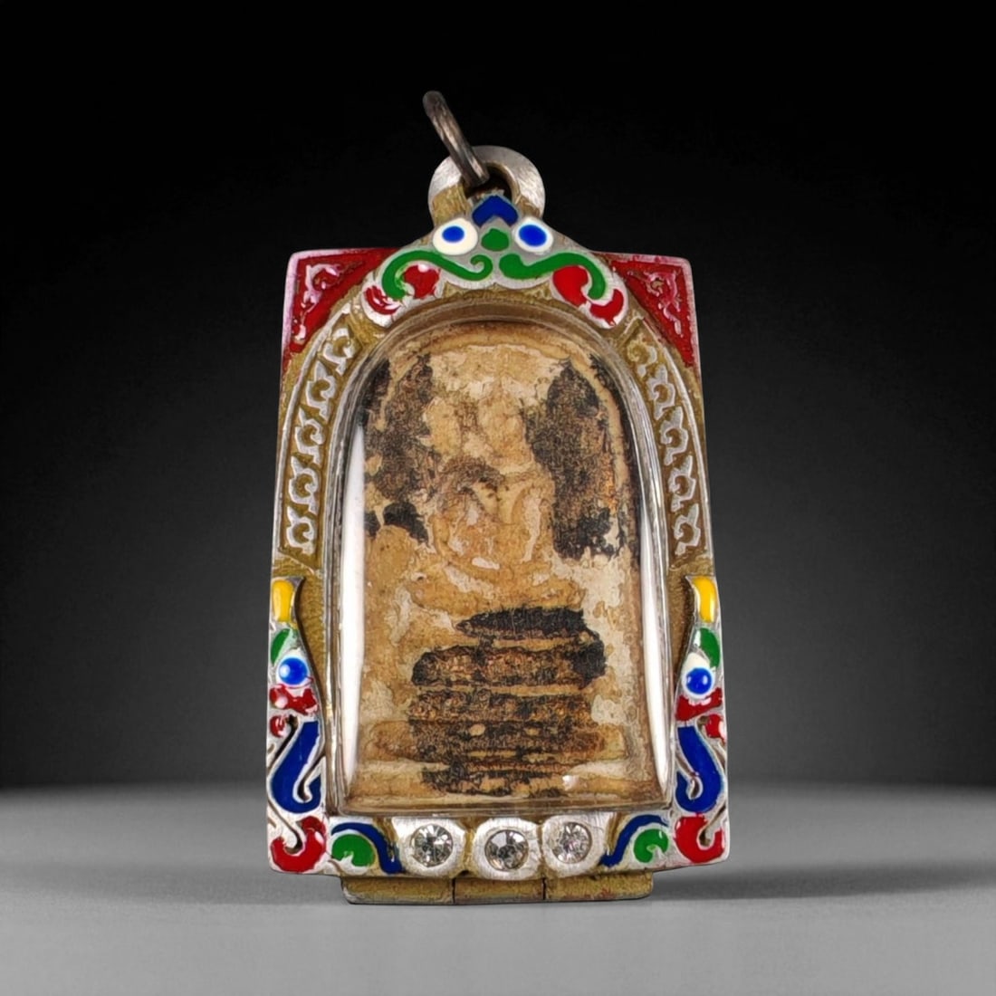 Antique Thai Rattanakosin Buddha Image Clay Amulet in Enamel Case, c. 19th-20th Century, 5.5x3cm (1 of 2)