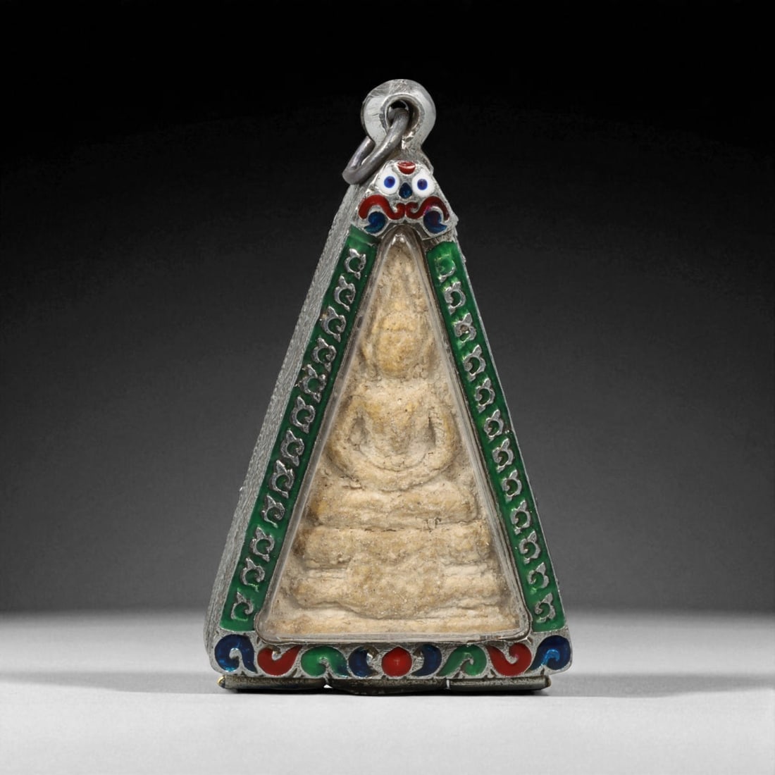 Vintage Thai Buddhist Amulet in Ornate Framed Setting, 20th Century , 6cm: This vintage Thai Buddhist amulet exemplifies the devotional artistry that continues to define Thailand's sacred craftsmanship. Encased within an intricately detailed frame, the amulet displays refine