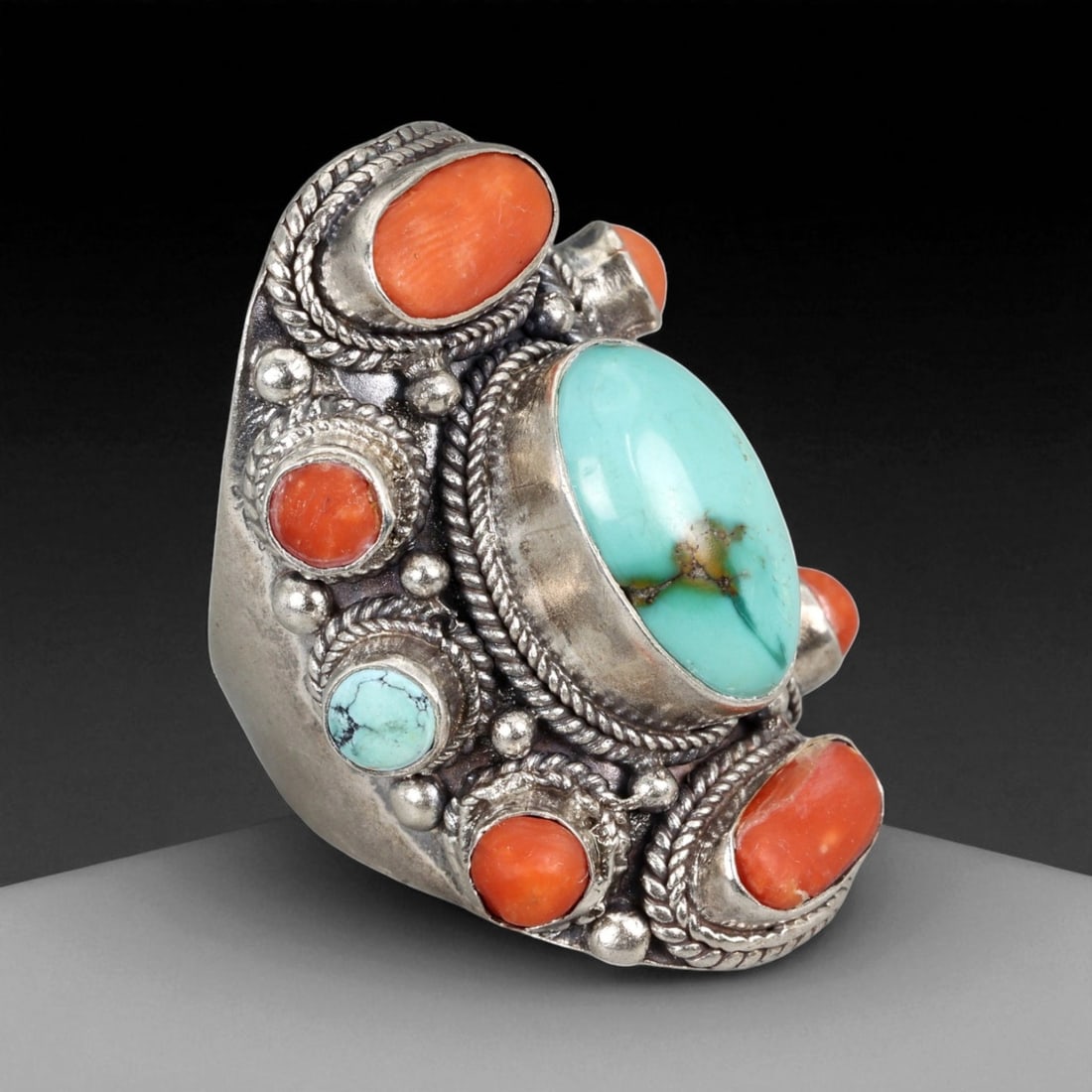 Antique Himalayan Turquoise and Coral Silver Cluster Ring, c. 19th-20th Century, US Size 7 (1 of 3)