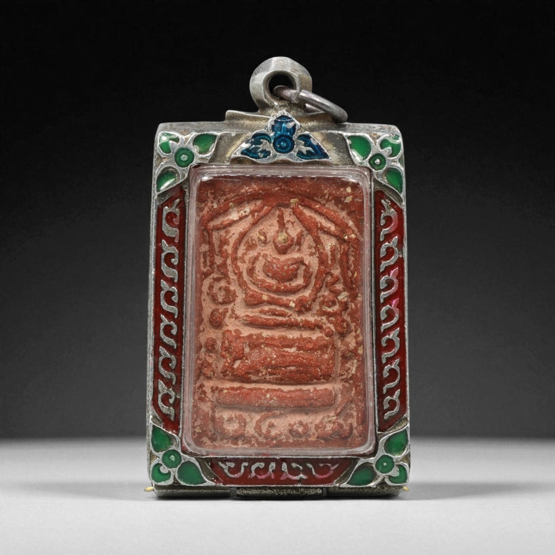 Vintage Thai Buddhist Amulet in Ornate Framed Setting, 20th Century , 5cm: This vintage Thai Buddhist amulet exemplifies the devotional artistry that continues to define Thailand's sacred craftsmanship. Encased within an intricately detailed frame, the amulet displays refine