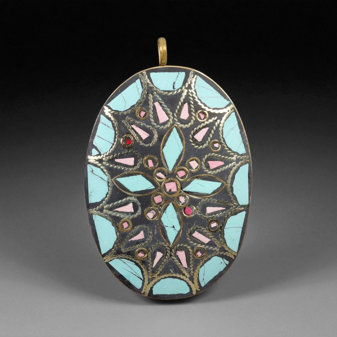 Vintage Himalayan Turquoise Pink Glass Star Mosaic Pendant, 20th Century, 9cm: This elegant Himalayan pendant, crafted in the 20th century, is designed in an oval form and decorated with a radiant starburst mosaic. The surface combines turquoise and pink glass in geometric arran